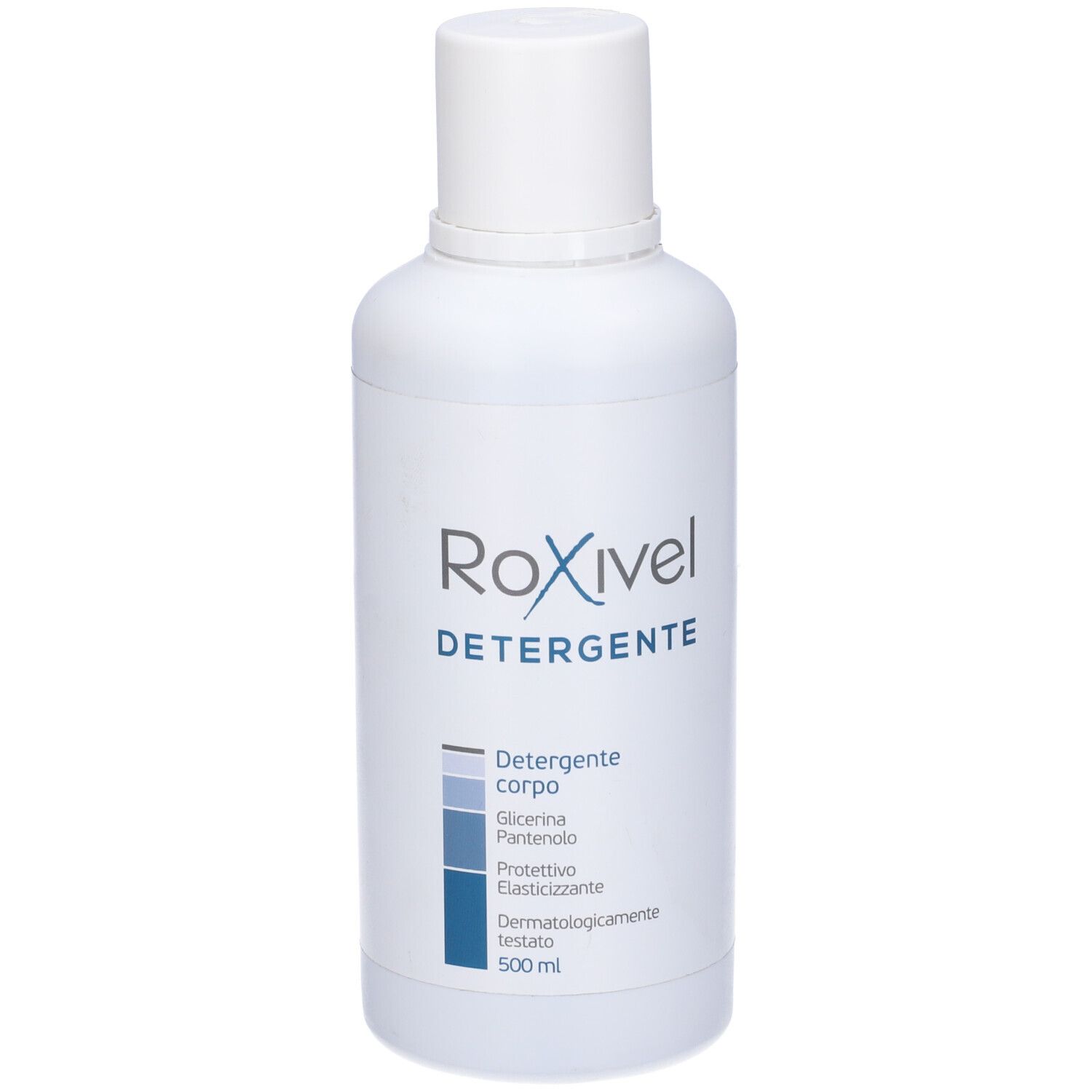 Flacone bianco con tappo bianco. Scritta: Roxivel Detergente. Testo: Detergente corpo, Glicerina, Panthenolo, Protettivo, Elasticizzante. 500 ml.