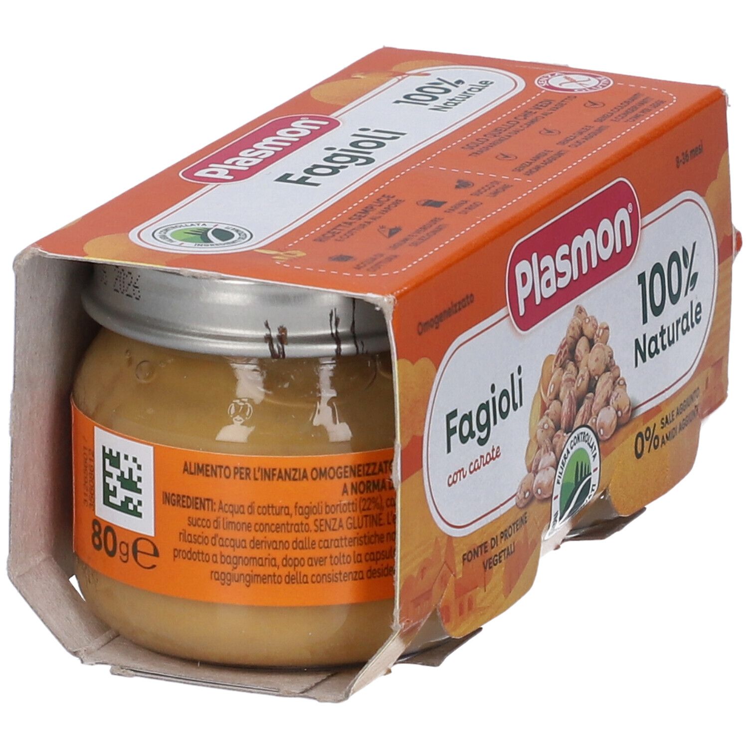 Un vasetto Plasmon Fagioli con carote in una confezione. Scritta: 100% naturale. Contiene fagioli e carote. 80g.