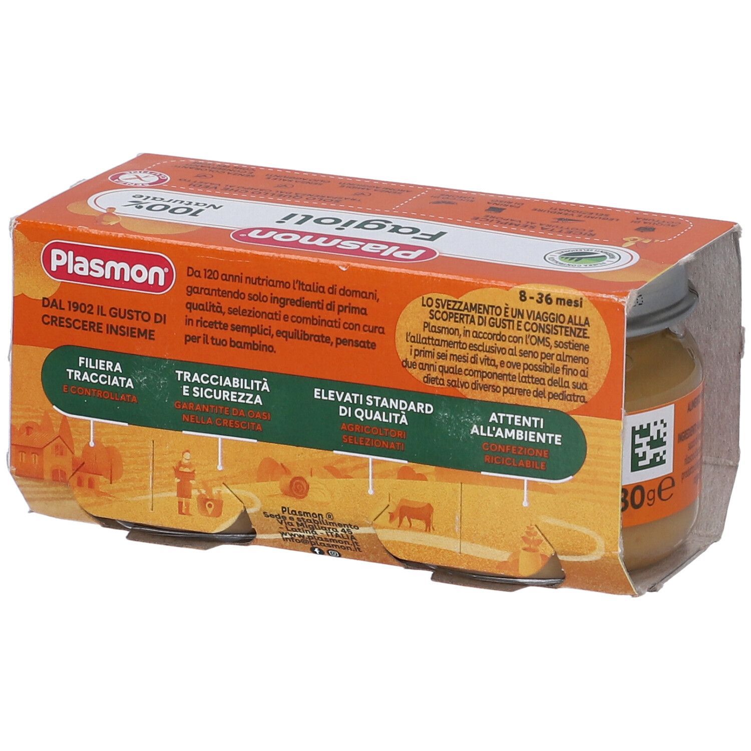 Confezione da due vasetti Plasmon Fagioli con carote. Scritta: 100% naturale. Contiene fagioli e carote. Retro.