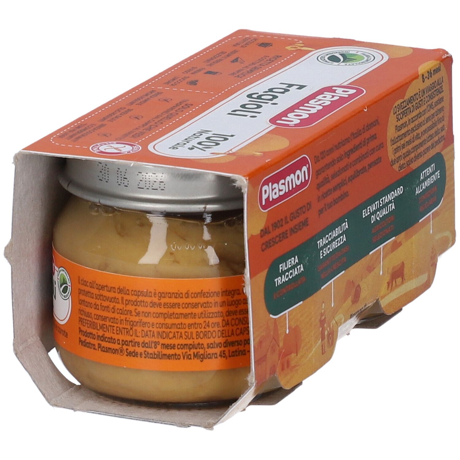 Un vasetto Plasmon Fagioli con carote in una confezione. Scritta: 100% naturale. Contiene fagioli e carote. Scadenza.