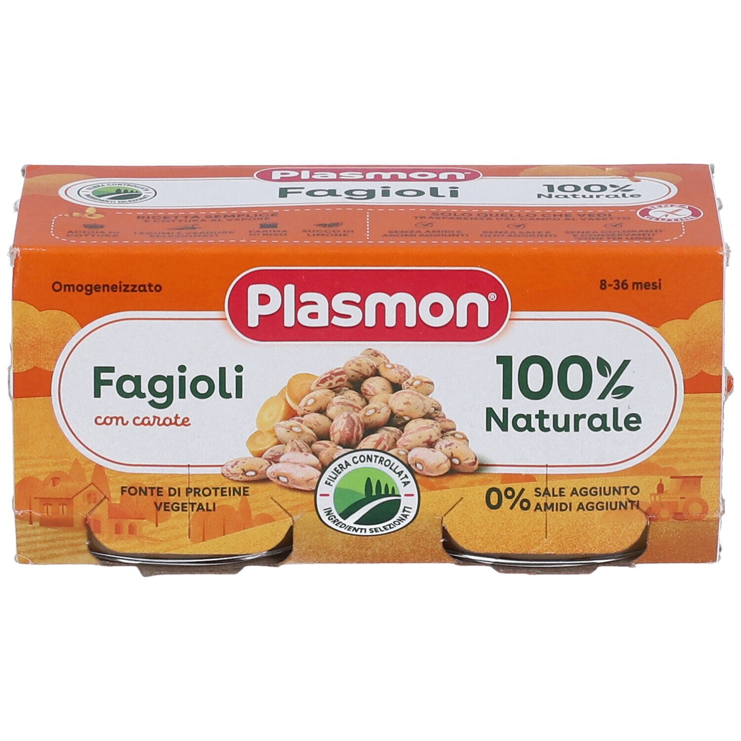 Confezione da due vasetti Plasmon Fagioli con carote. Scritta: 100% naturale. Contiene fagioli e carote.