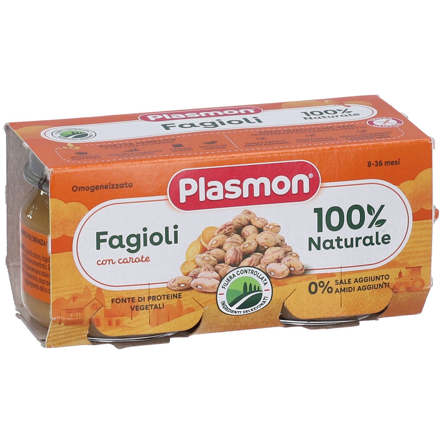 Confezione da due vasetti Plasmon Fagioli con carote. Scritta: 100% naturale. Contiene fagioli e carote.