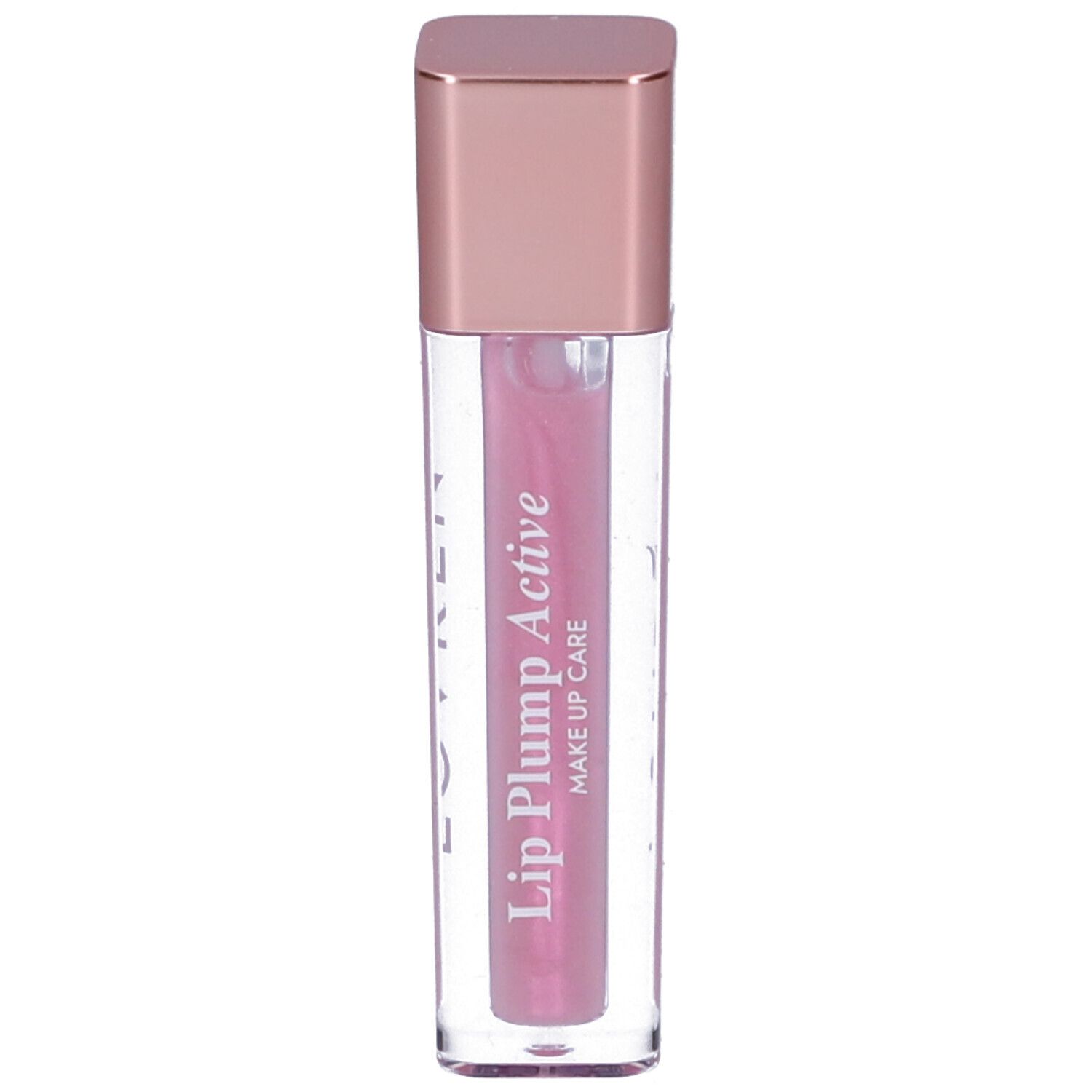 Tubo trasparente con contenuto rosa e tappo color oro rosa. Stampato: Lip Plump Active, Make Up Care.