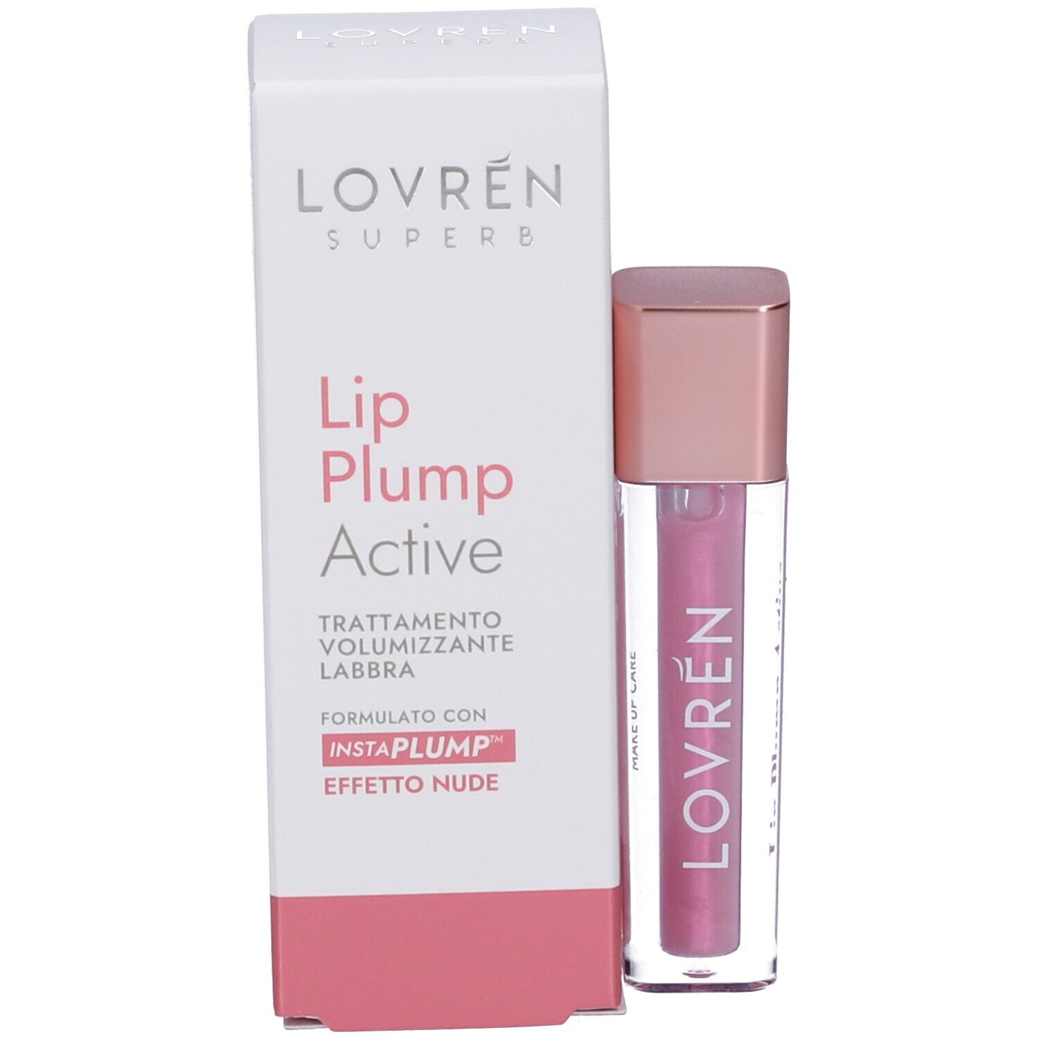 Prodotto e confezione. Scatola bianca con accenti rosa. Stampato: LOVREN SUPERB, Lip Plump Active, INSTAPLUMP.