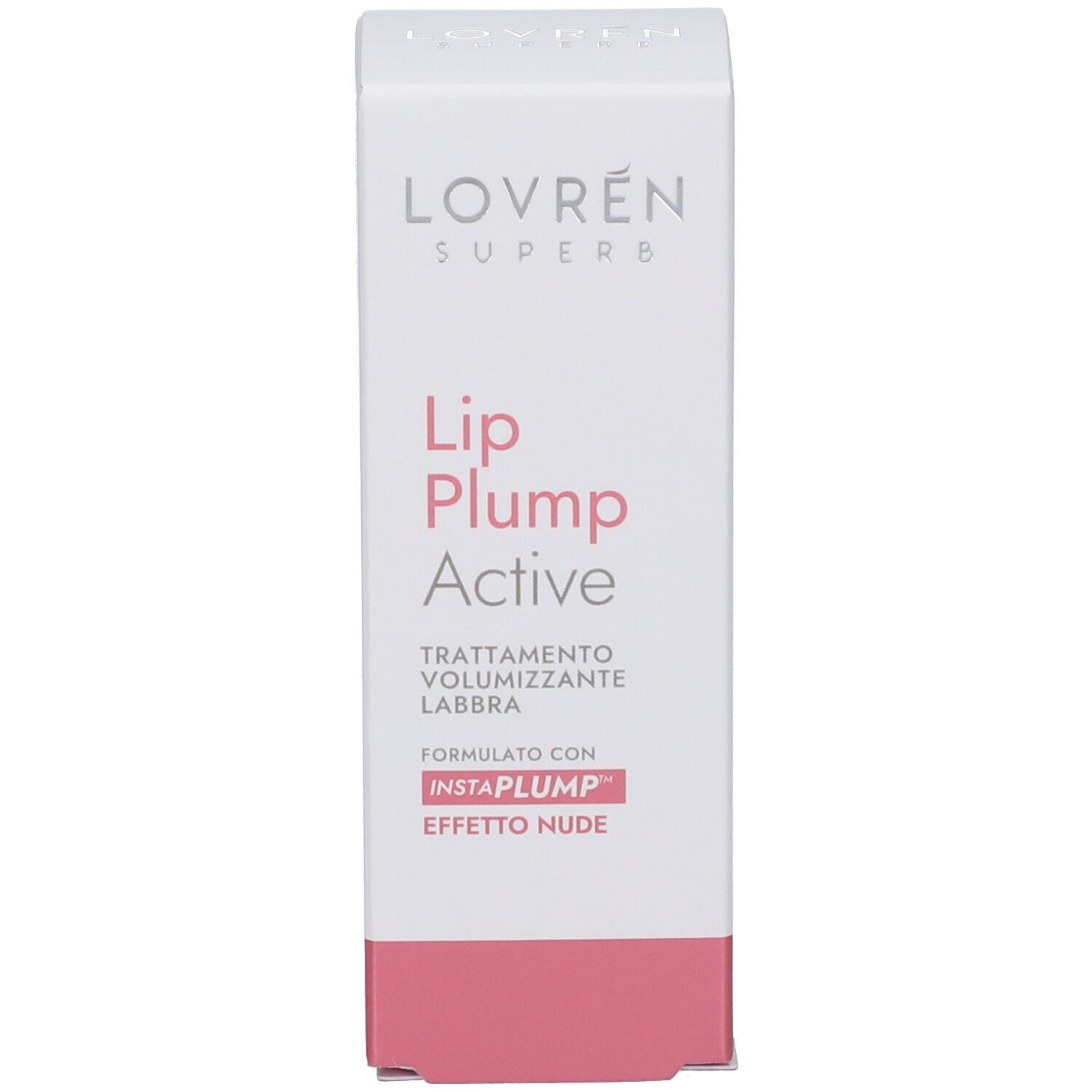 Scatola bianca con accenti rosa. Stampato: LOVREN SUPERB, Lip Plump Active, INSTAPLUMP, trattamento labbra.