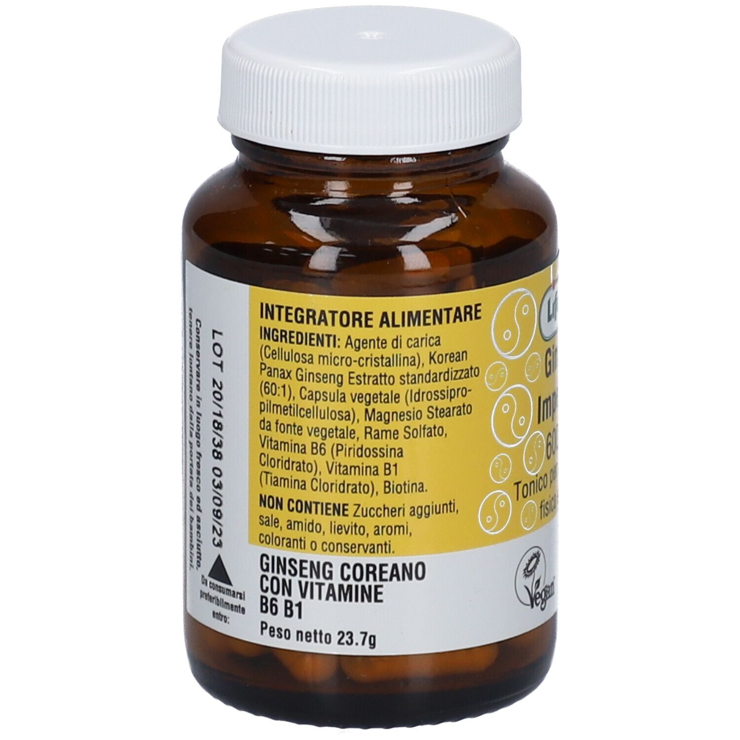 Retro del flacone. Elenco ingredienti: Ginseng, vitamine B6, B1. Peso netto 23,7g. Logo Vegan. Numero lotto e scadenza.