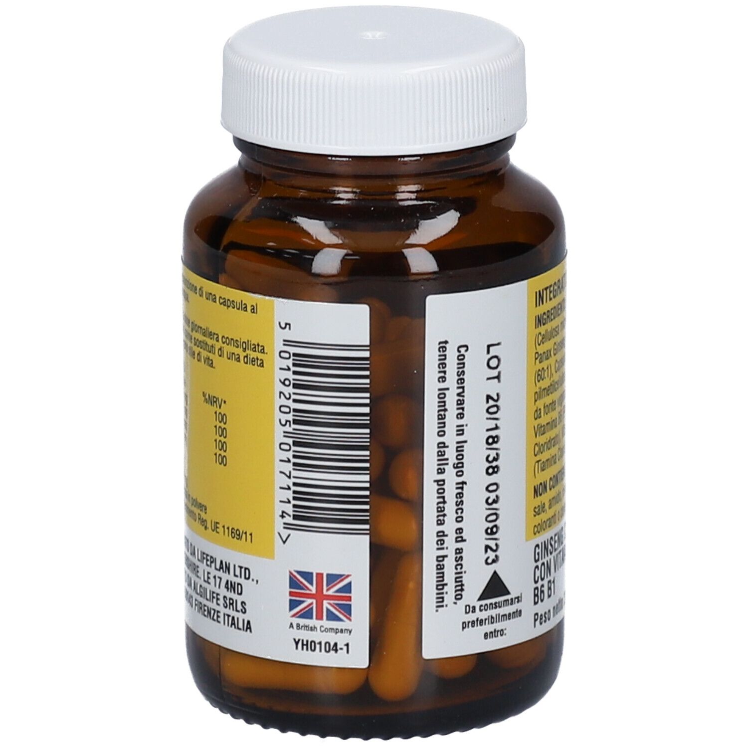 Retro del flacone. Numero lotto e scadenza. Informazioni produttore. Contiene capsule. Bandiera Union Jack.