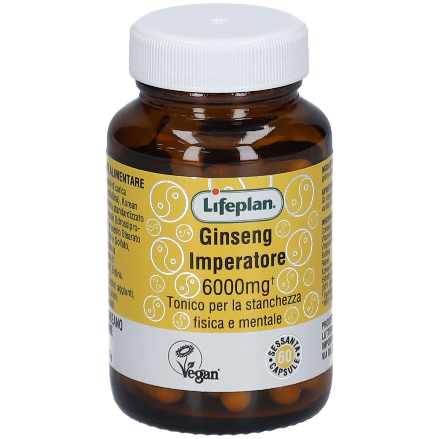 Flacone di vetro marrone, tappo bianco. Scritta: Lifeplan Ginseng Imperatore 6000mg. 60 capsule. Logo Vegan.