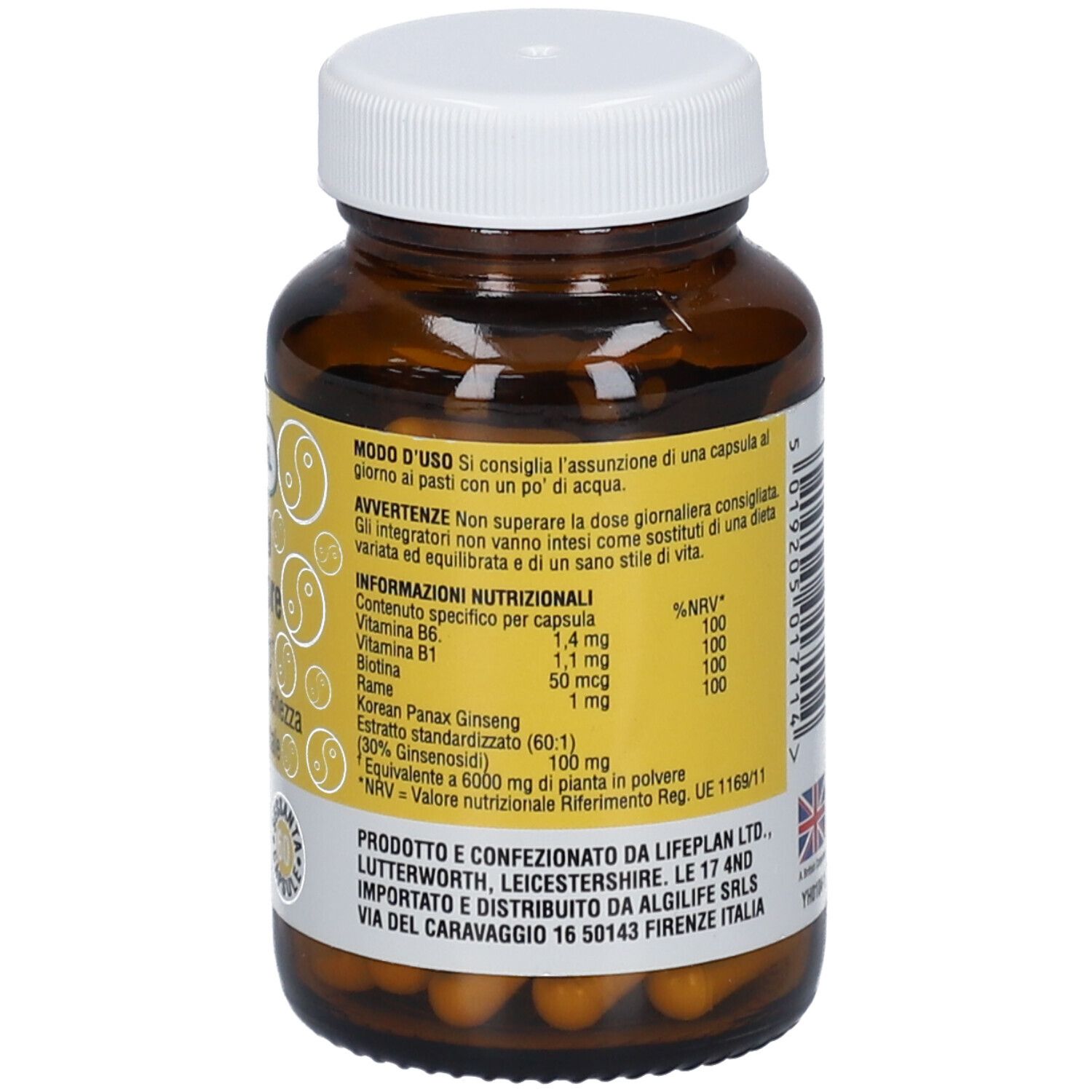 Retro del flacone. Informazioni nutrizionali. Informazioni produttore. Contiene capsule. Logo Vegan. Numero lotto e scadenza.