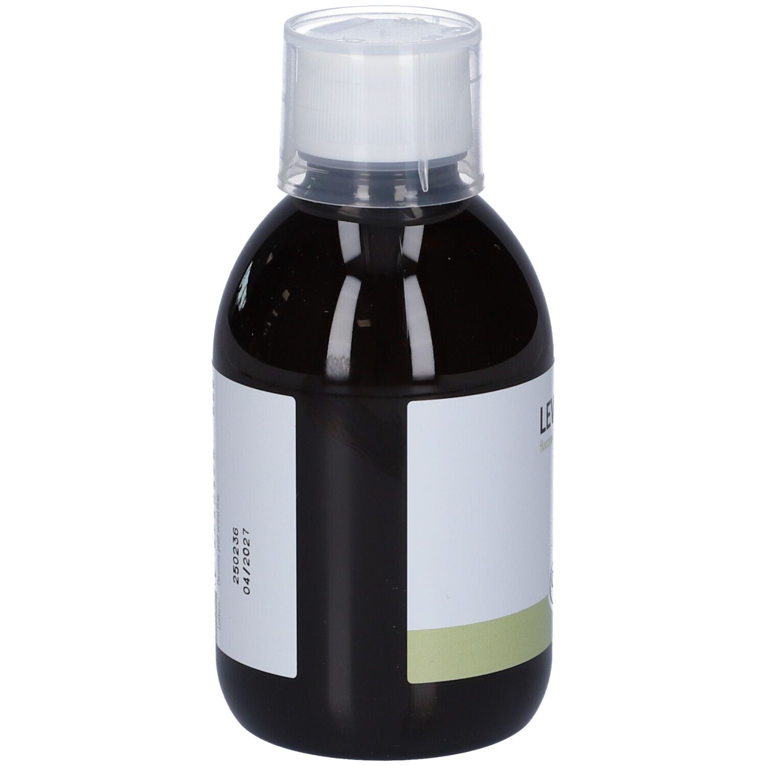 Bottiglia marrone con tappo bianco. Scritta ed etichetta. L'etichetta contiene informazioni e una data di scadenza.