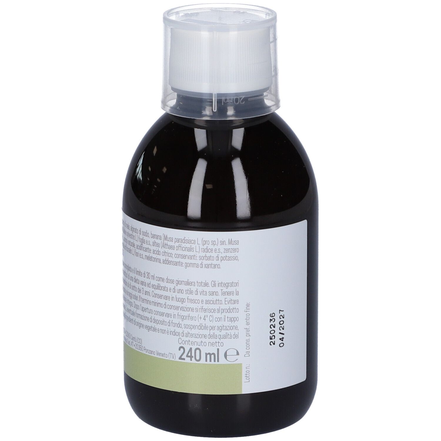 Bottiglia marrone con tappo bianco. Scritta ed etichetta con informazioni. Scritta: 240 ml.