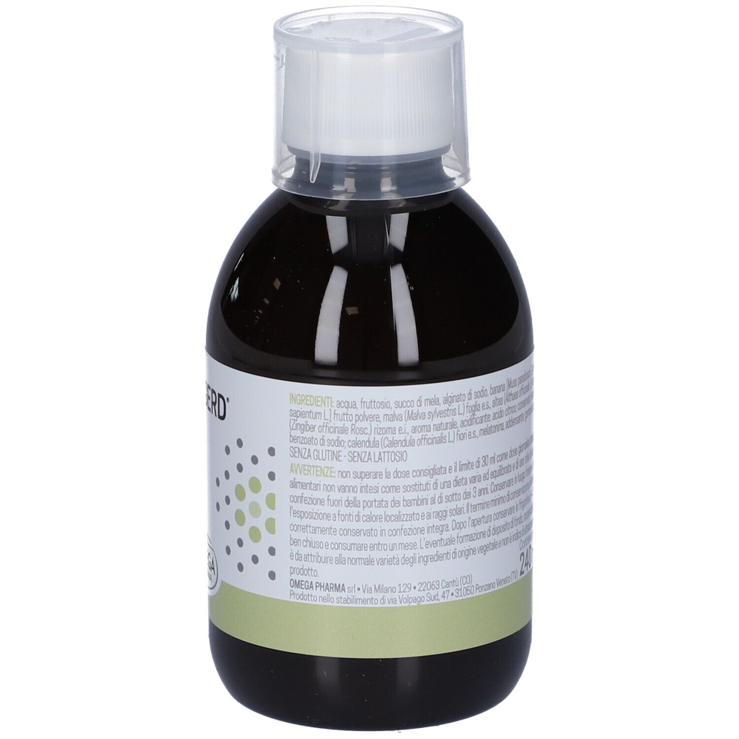 Bottiglia marrone con tappo bianco. Scritta ed etichetta con ingredienti e avvertenze. Logo Omega Pharma.