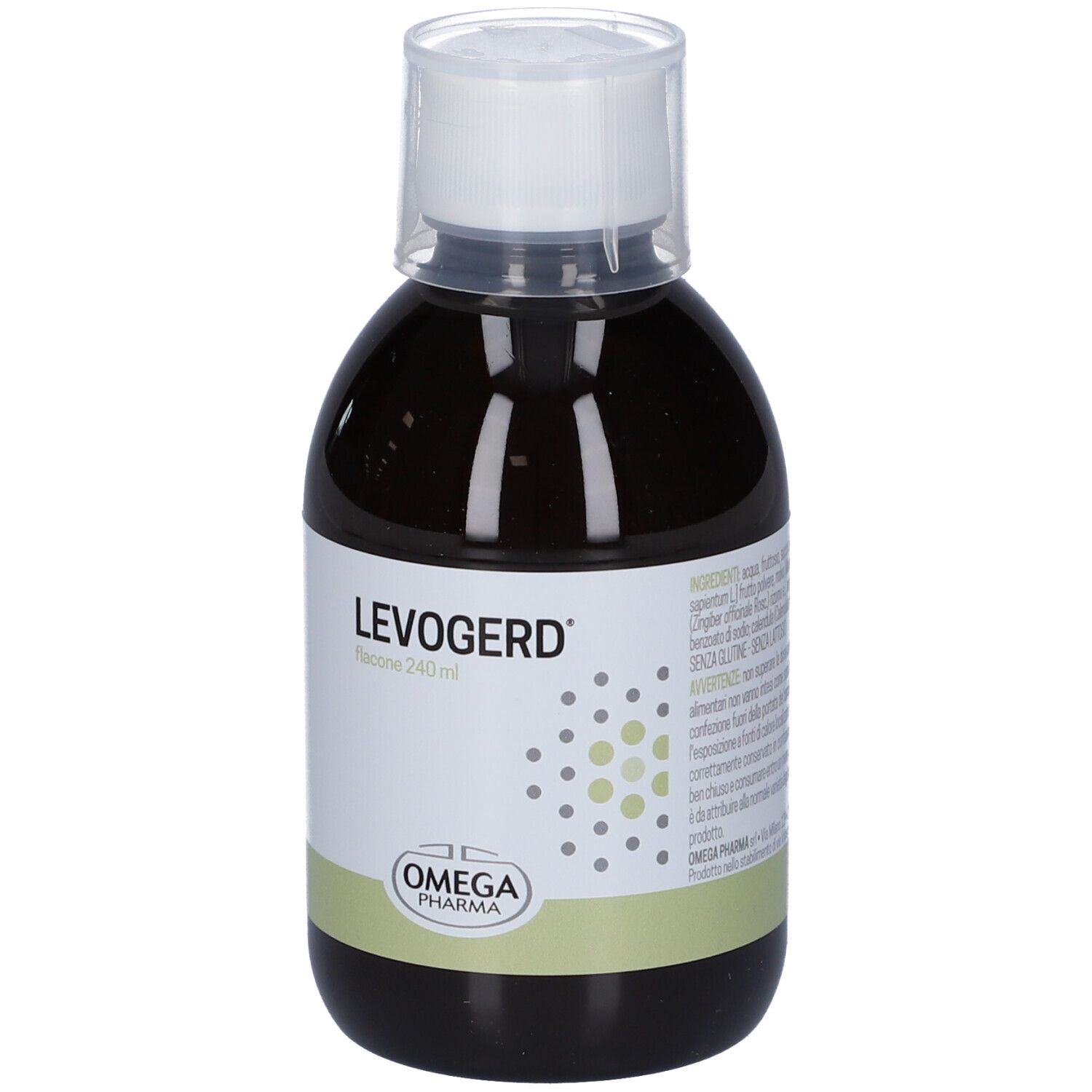 Bottiglia marrone con tappo bianco. Scritta: Levogerd, Flacone 240 ml. Logo Omega Pharma. Etichetta con ingredienti.