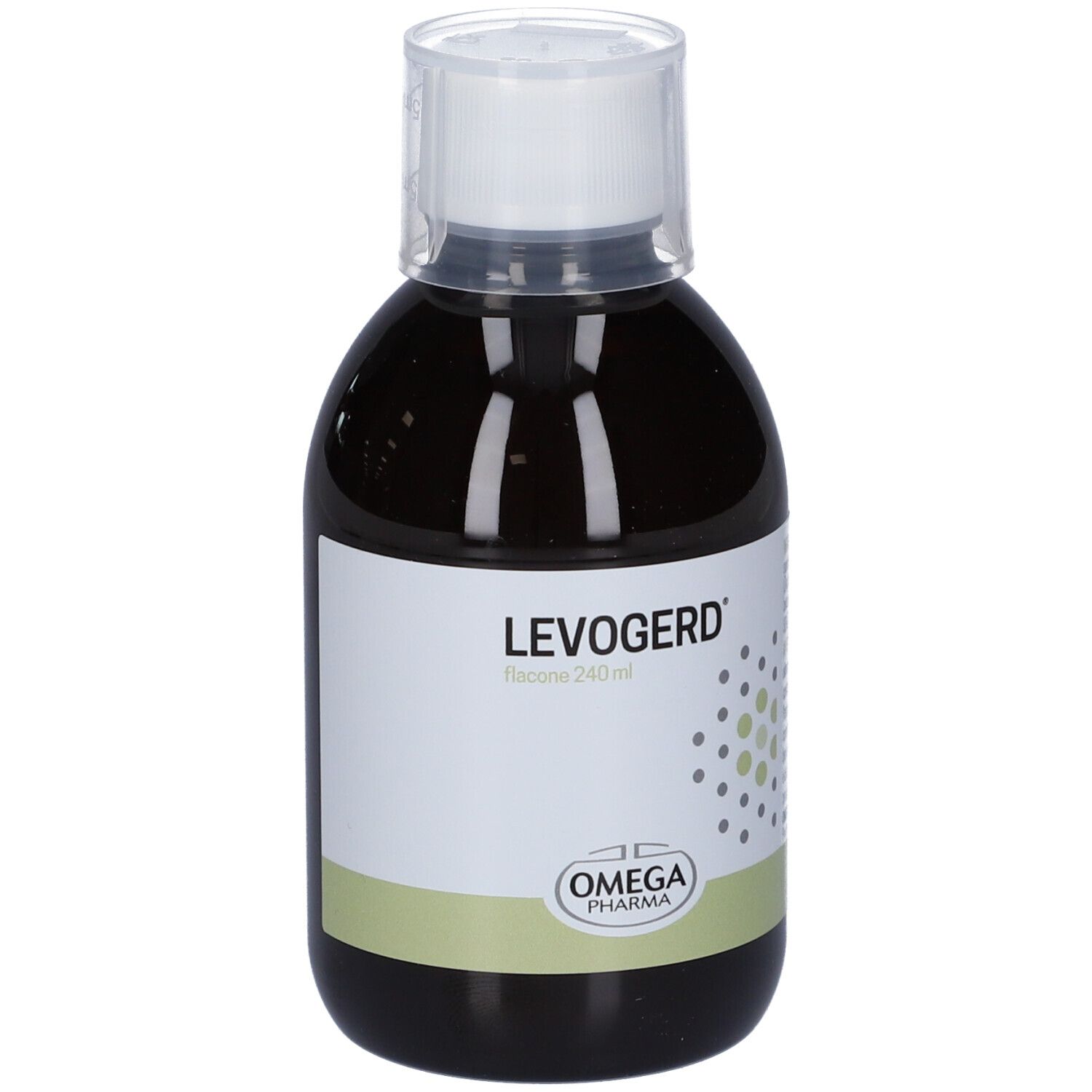 Bottiglia marrone con tappo bianco. Scritta: Levogerd, Flacone 240 ml. Logo Omega Pharma.