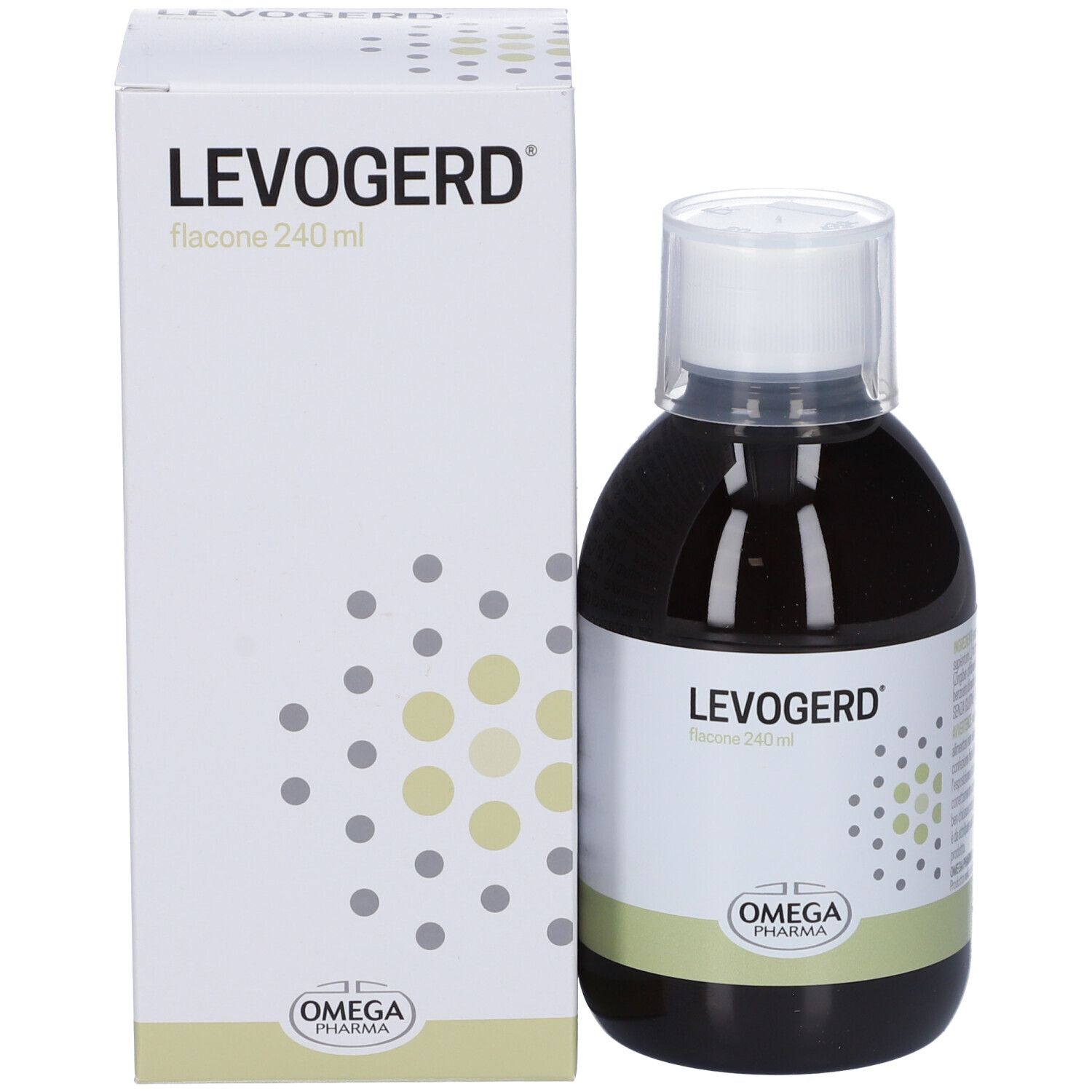 Bottiglia e scatola. Scritta: Levogerd, Flacone 240 ml. Logo Omega Pharma. Scatola con logo e nome del prodotto.