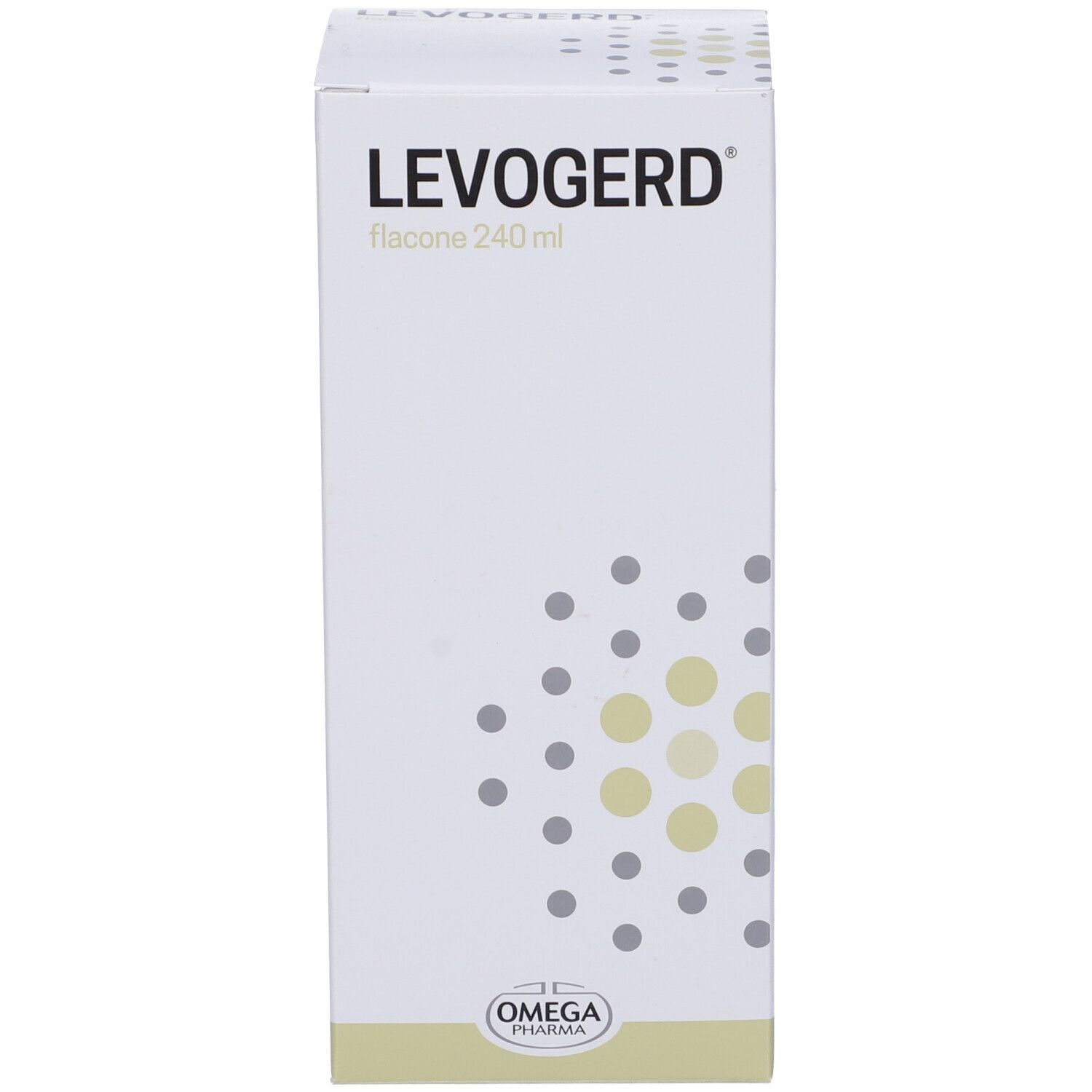 Scatola bianca con scritta: Levogerd, Flacone 240 ml. Logo Omega Pharma. Design a punti.