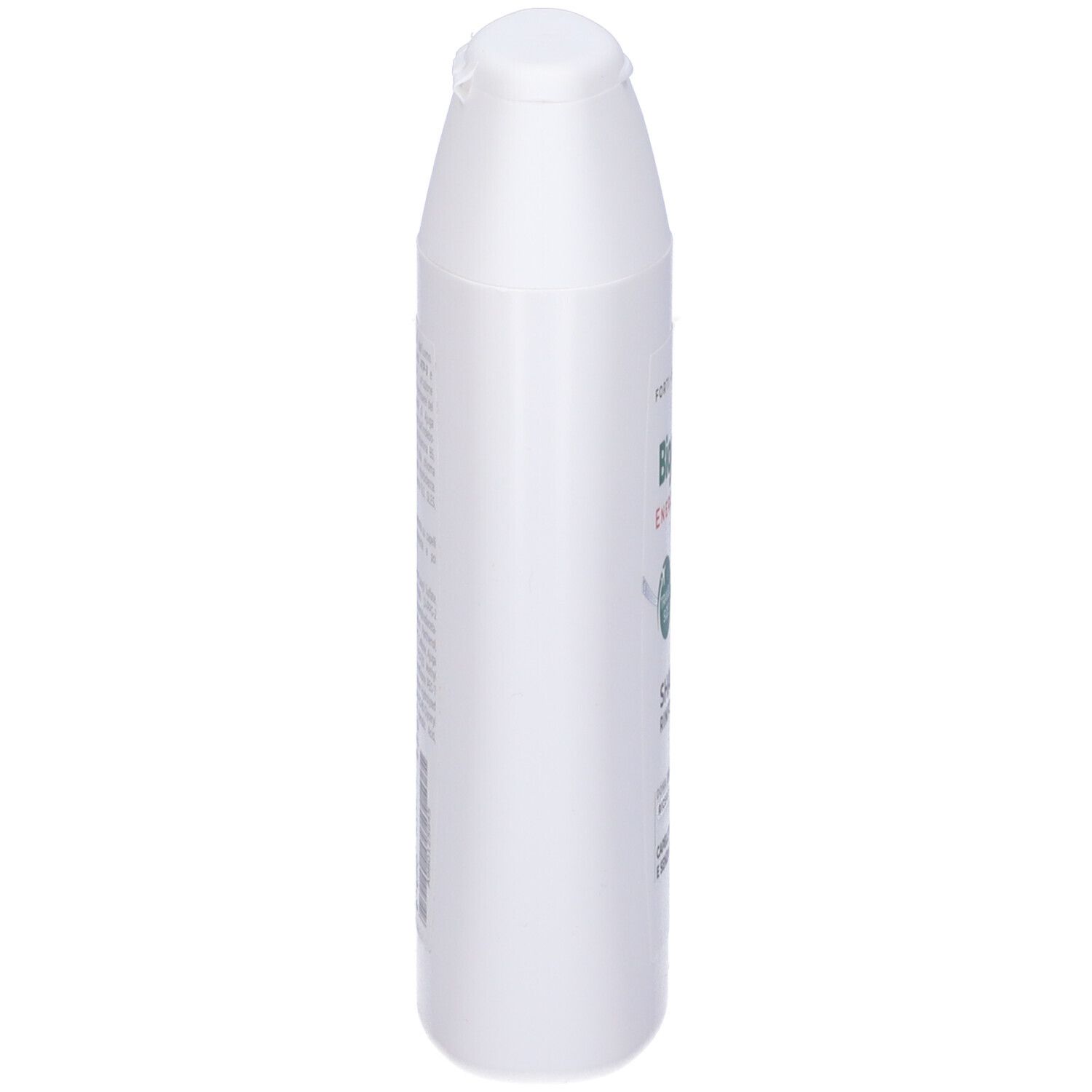 Flacone di shampoo bianco, vista laterale. Testo illeggibile. Forma: oblunga, ovale.