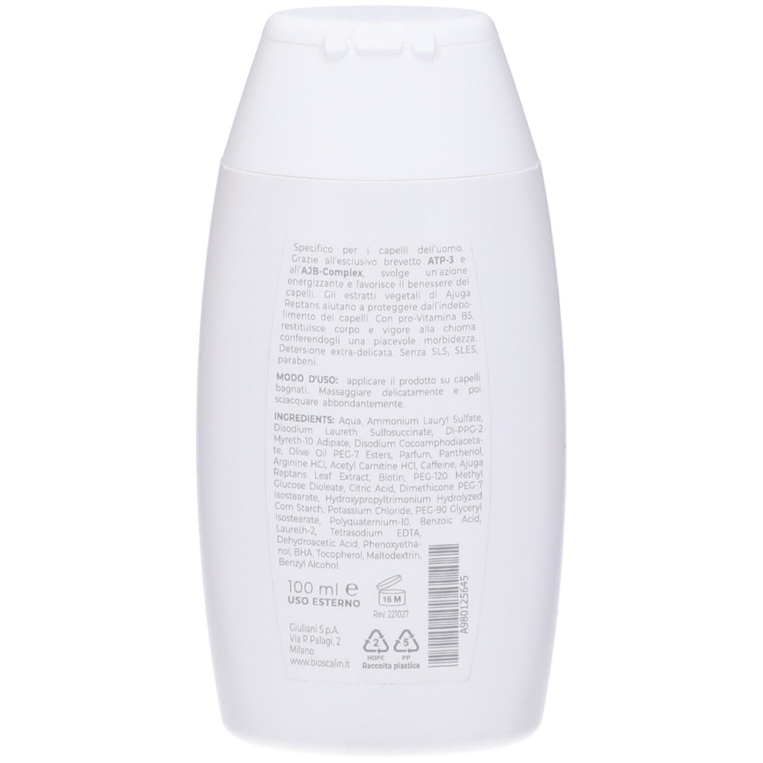 Retro di un flacone di shampoo bianco. Testo in italiano. Elenco ingredienti e istruzioni per l'uso.
