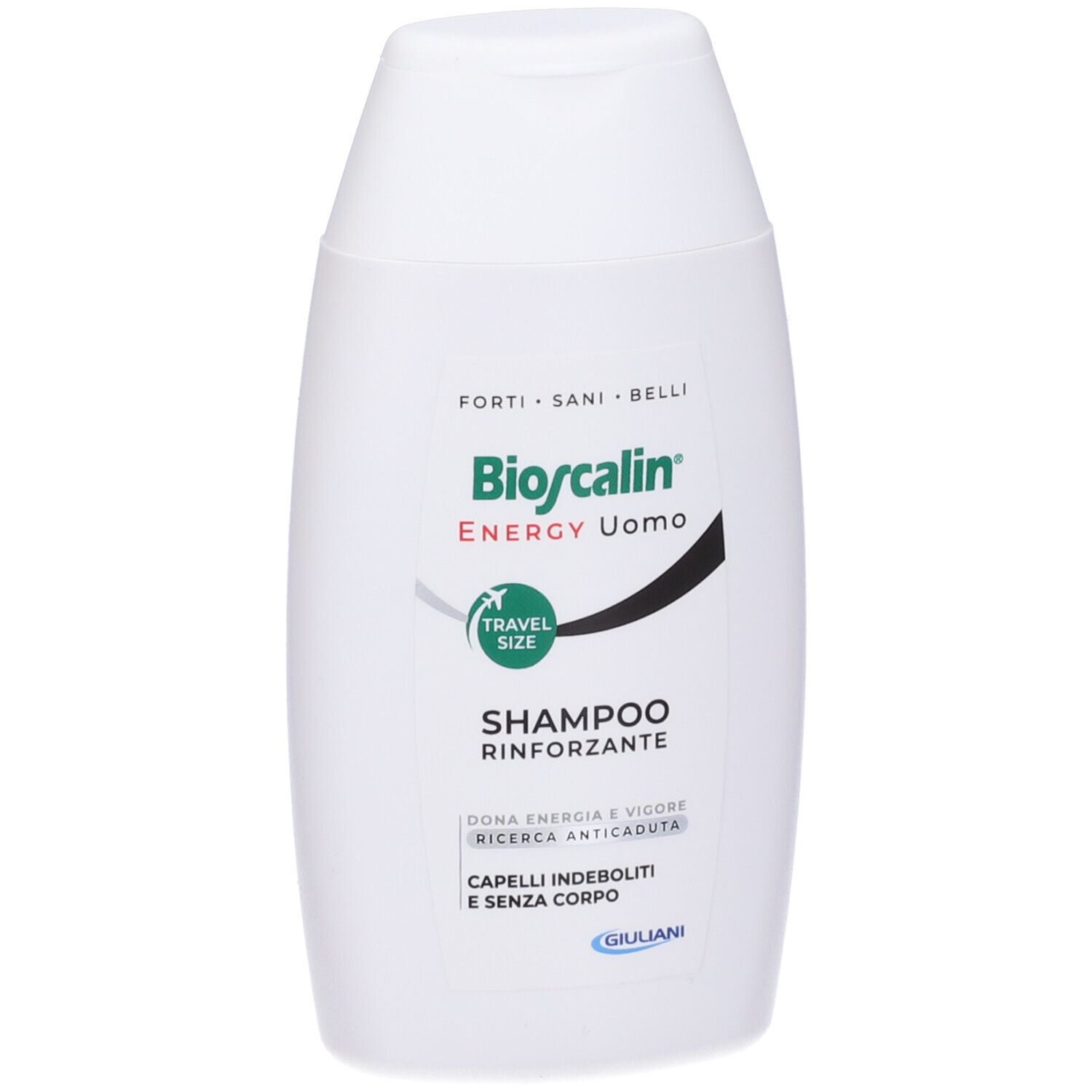 Flacone di shampoo bianco. Loghi verdi e neri. Testo: Bioscalin Energy Uomo, Shampoo Rinforzante, Travel Size.