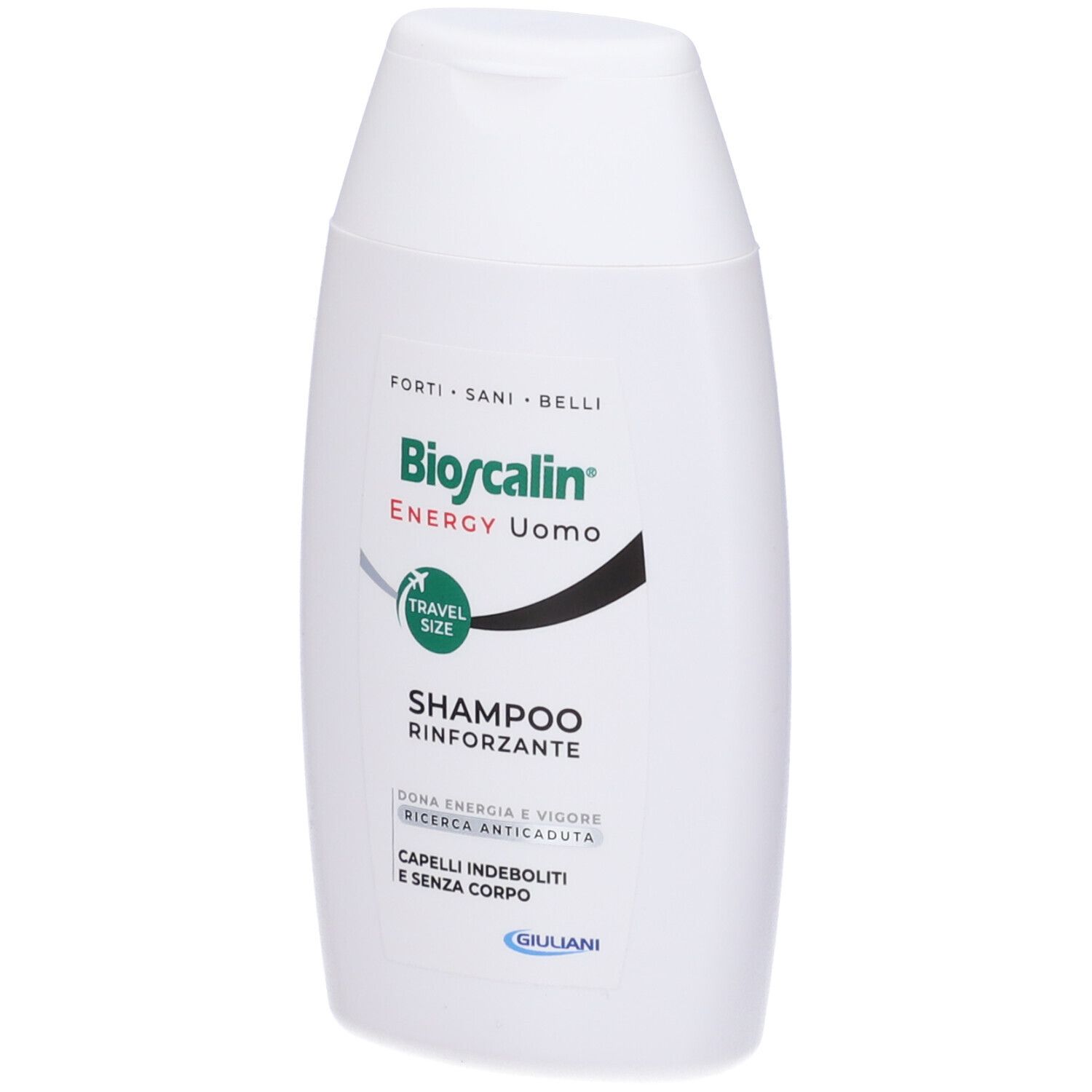 Flacone di shampoo bianco. Loghi verdi e neri. Testo: Bioscalin Energy Uomo, Shampoo Rinforzante, Travel Size.
