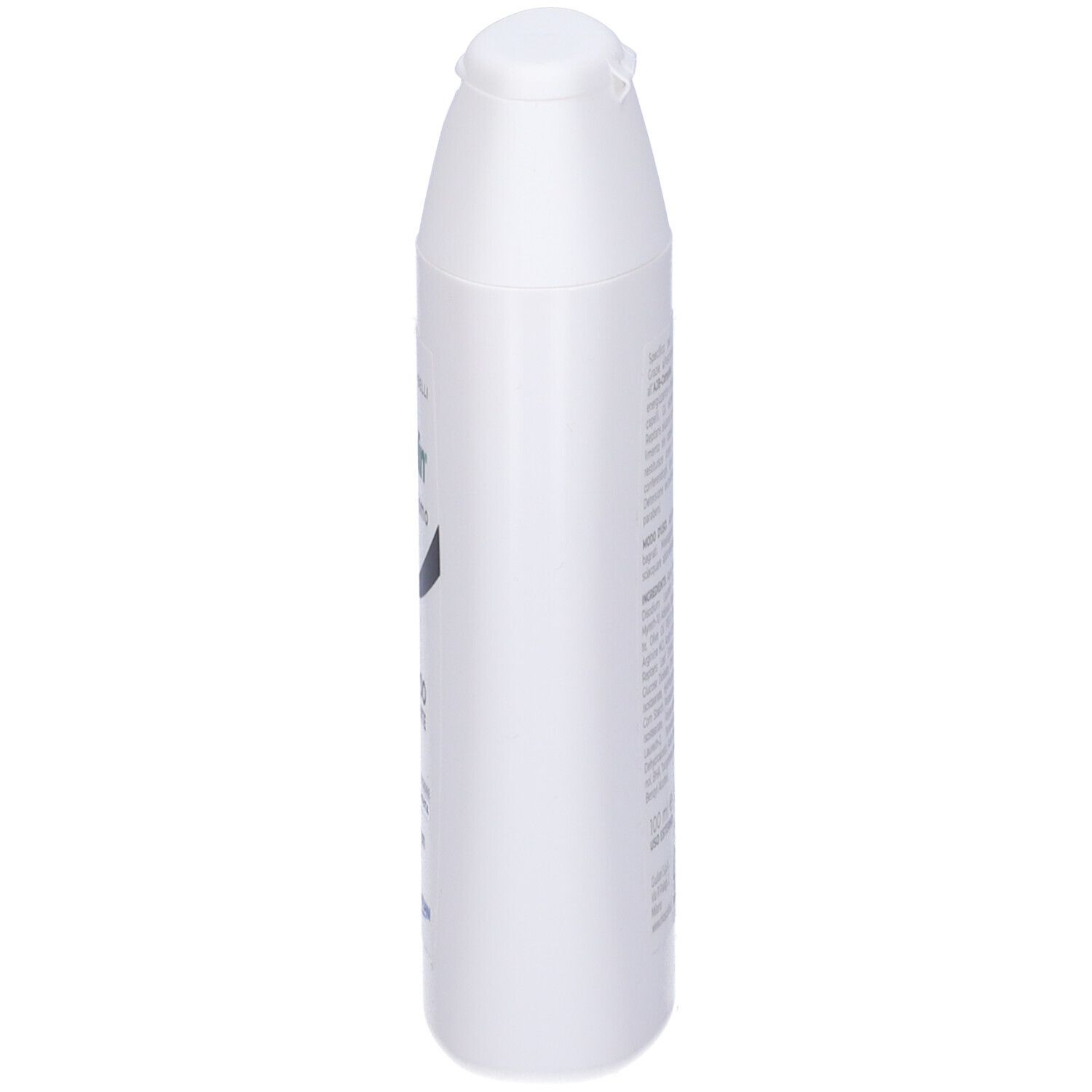 Flacone di shampoo bianco, vista laterale. Testo illeggibile. Forma: oblunga, ovale.