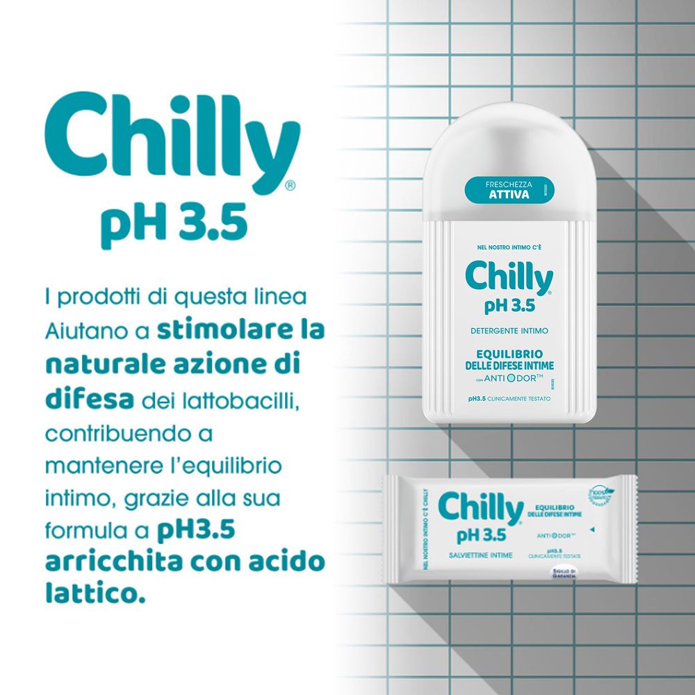 Immagine pubblicitaria con prodotti Chilly pH 3.5. Testo a sinistra, dispenser e salviettina a destra. Turchese e bianco.