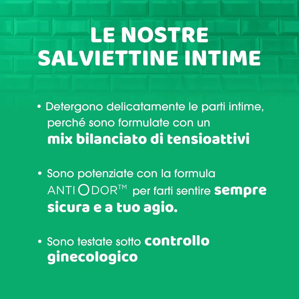 Testo su sfondo verde. Titolo: LE NOSTRE SALVIETTINE INTIME. Elenco puntato con informazioni sul prodotto. Il testo include ANTI ODOR™.