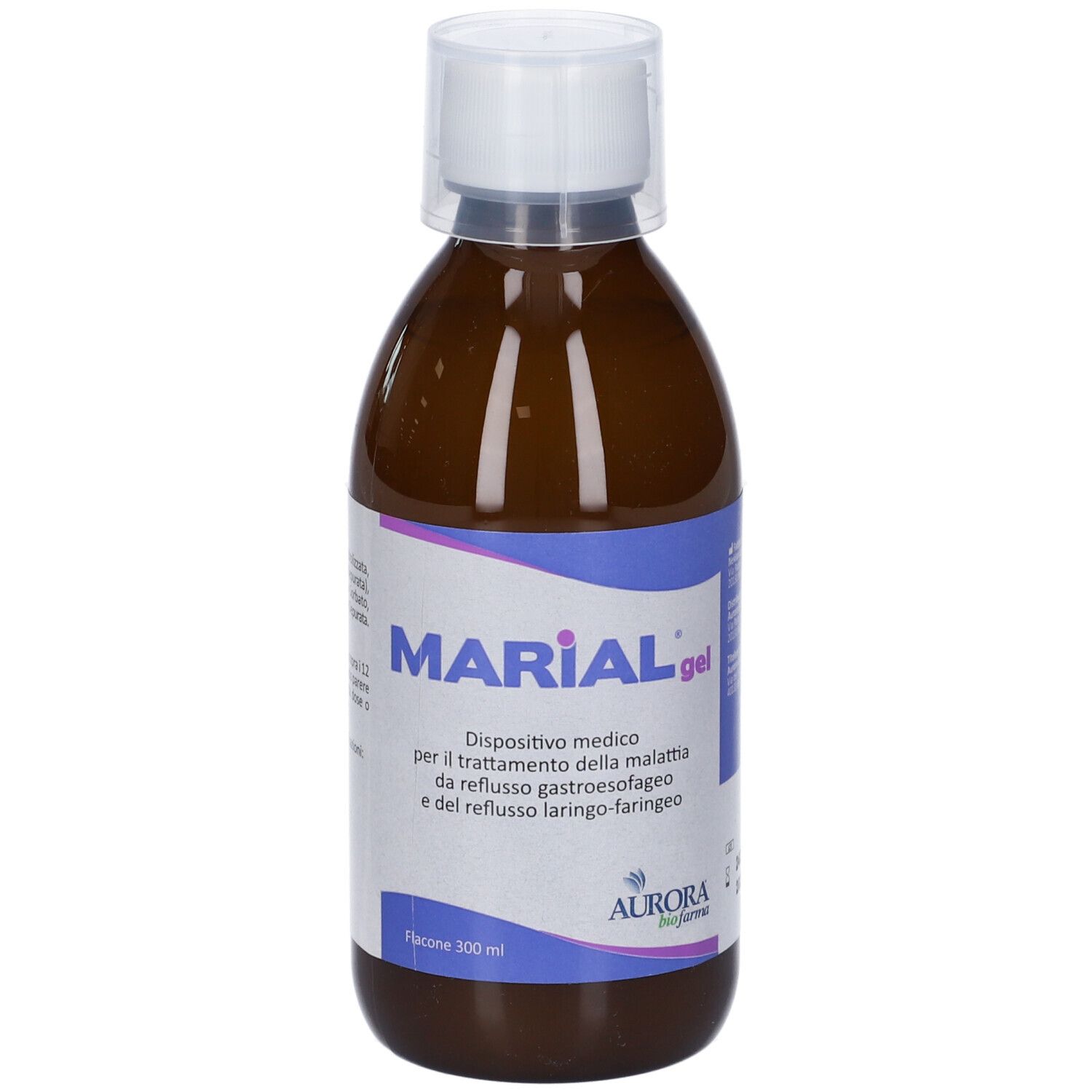 Flacone marrone di Marial Gel con tappo bianco. Etichetta con informazioni sul prodotto. Aurora BioFarma.