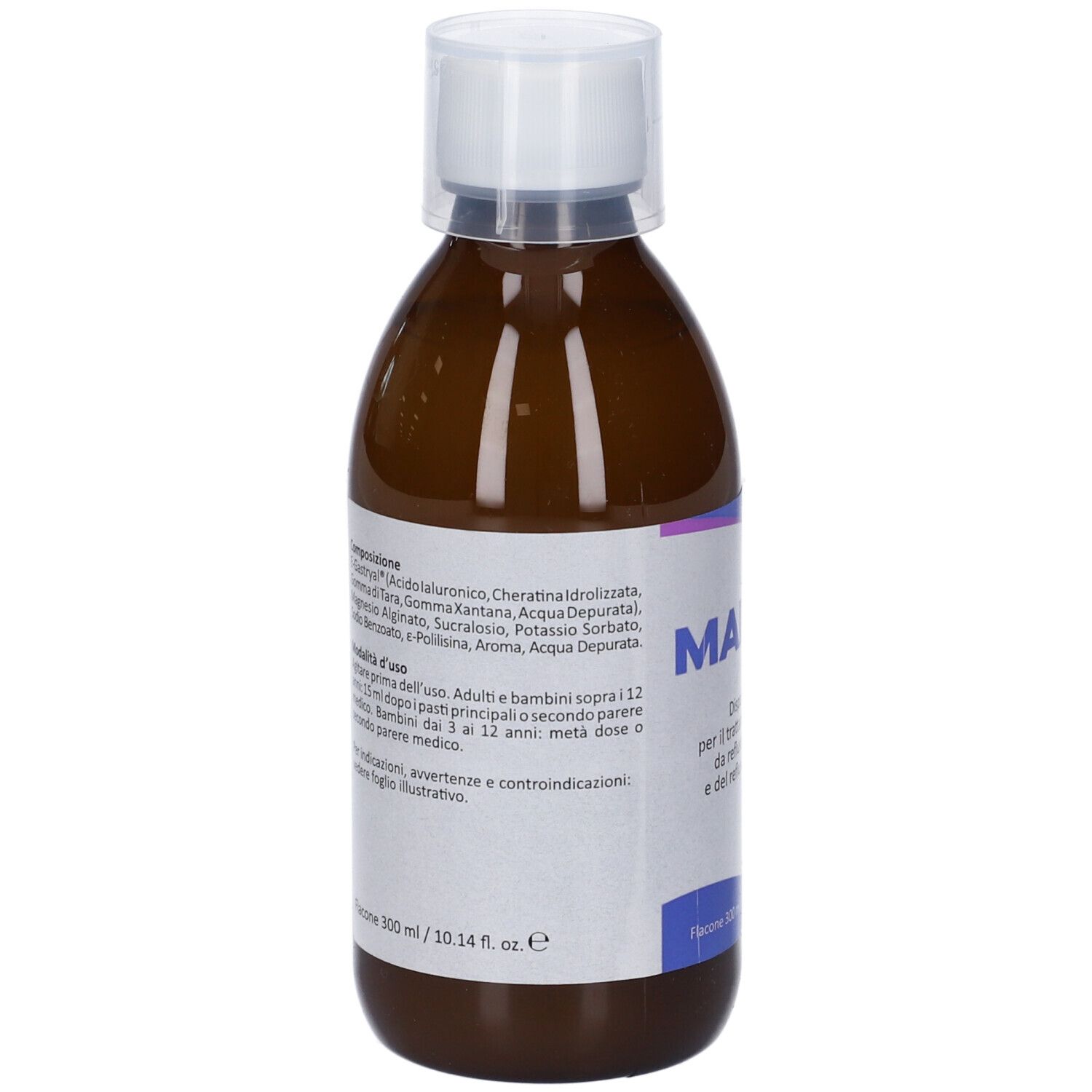Retro del flacone di Marial Gel. Etichetta con ingredienti e istruzioni per l'uso. 300 ml.
