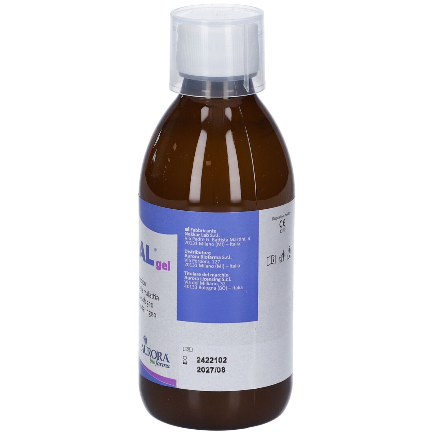 Retro del flacone di Marial Gel. Etichetta con informazioni. Aurora Biofarma. 300 ml.