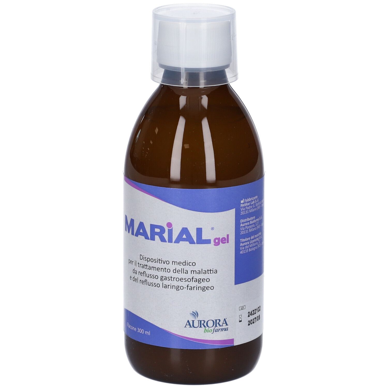 Flacone di Marial Gel. Etichetta con informazioni sul prodotto. Aurora Biofarma. 300 ml.