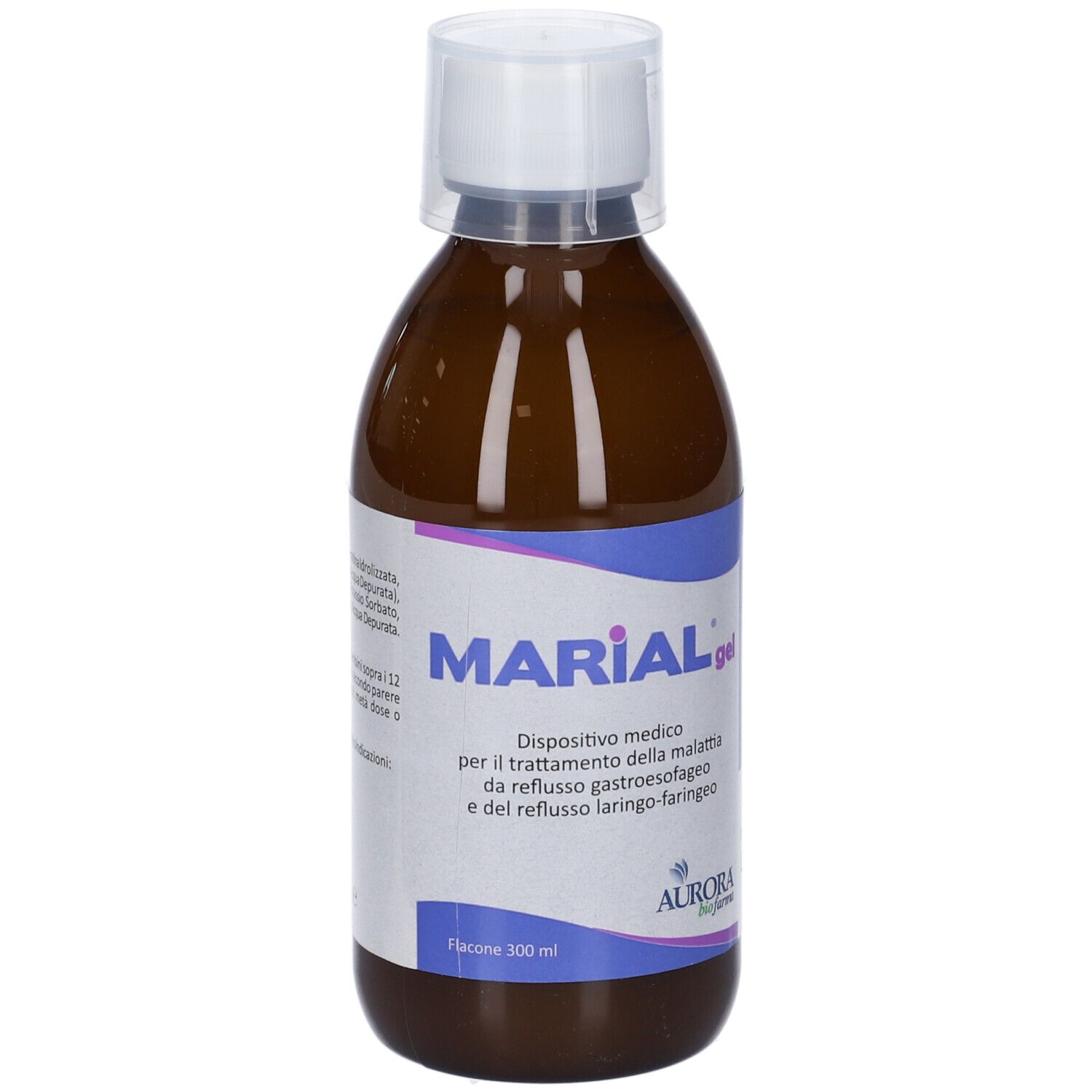 Flacone di Marial Gel. Etichetta con informazioni sul prodotto. Aurora Biofarma. 300 ml.