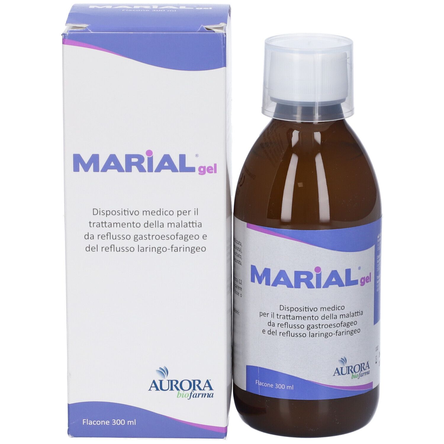 Flacone e confezione di Marial Gel. Flacone marrone, tappo bianco. Confezione bianca e blu.