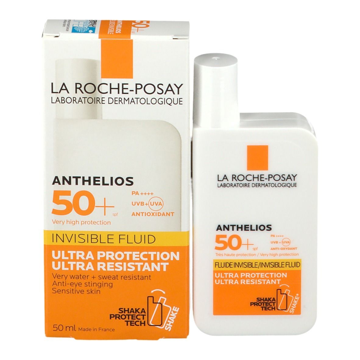 Prodotto e confezione. Scatola bianca con accenti arancioni. Testo: Anthelios 50+, Invisible Fluid, Ultra Protection. Bottiglia accanto.