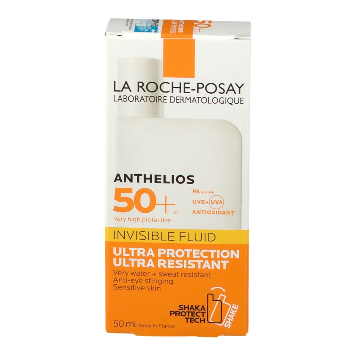 Scatola bianca con accenti arancioni. Testo: Anthelios 50+, Invisible Fluid, Ultra Protection. Marchio: La Roche-Posay. Volume: 50 ml.