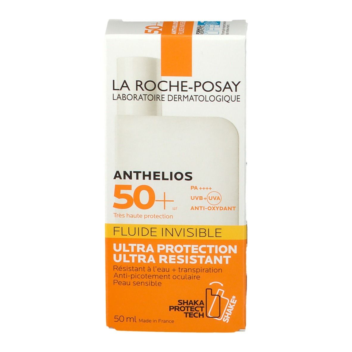 Scatola bianca con accenti arancioni. Testo: Anthelios 50+, Invisible Fluid, Ultra Protection. Volume: 50 ml. Marchio: La Roche-Posay.