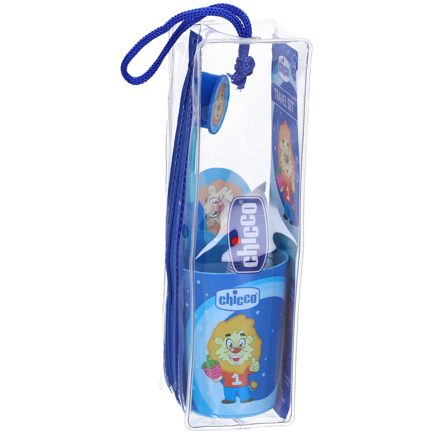 Set igiene orale in sacchetto trasparente. Include bicchiere, spazzolino, pulisci lingua e confezione piccola. Design blu.
