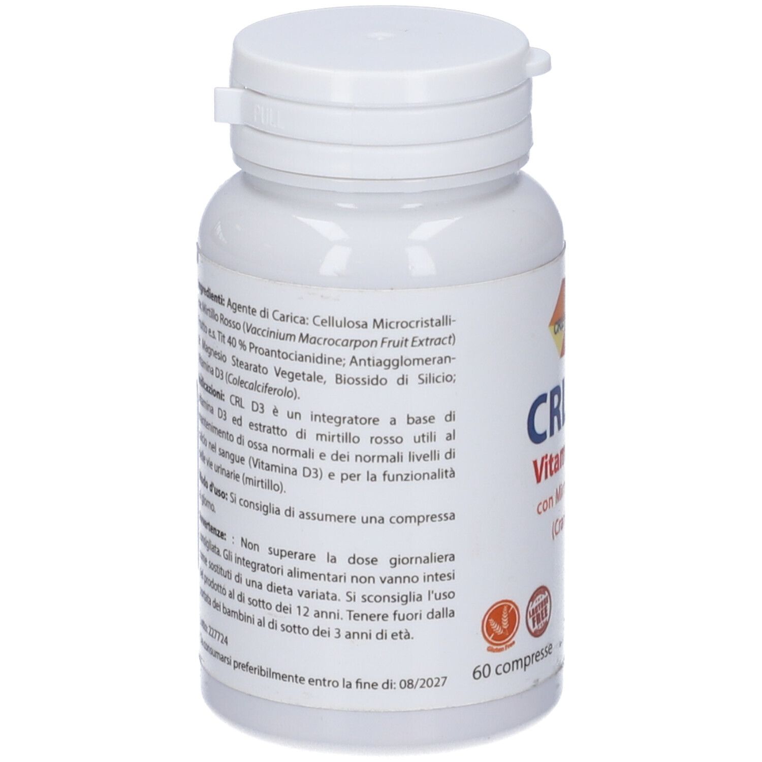 Retro del flacone bianco. Testo con ingredienti e istruzioni. Logo CRL Pharma. 60 compresse.