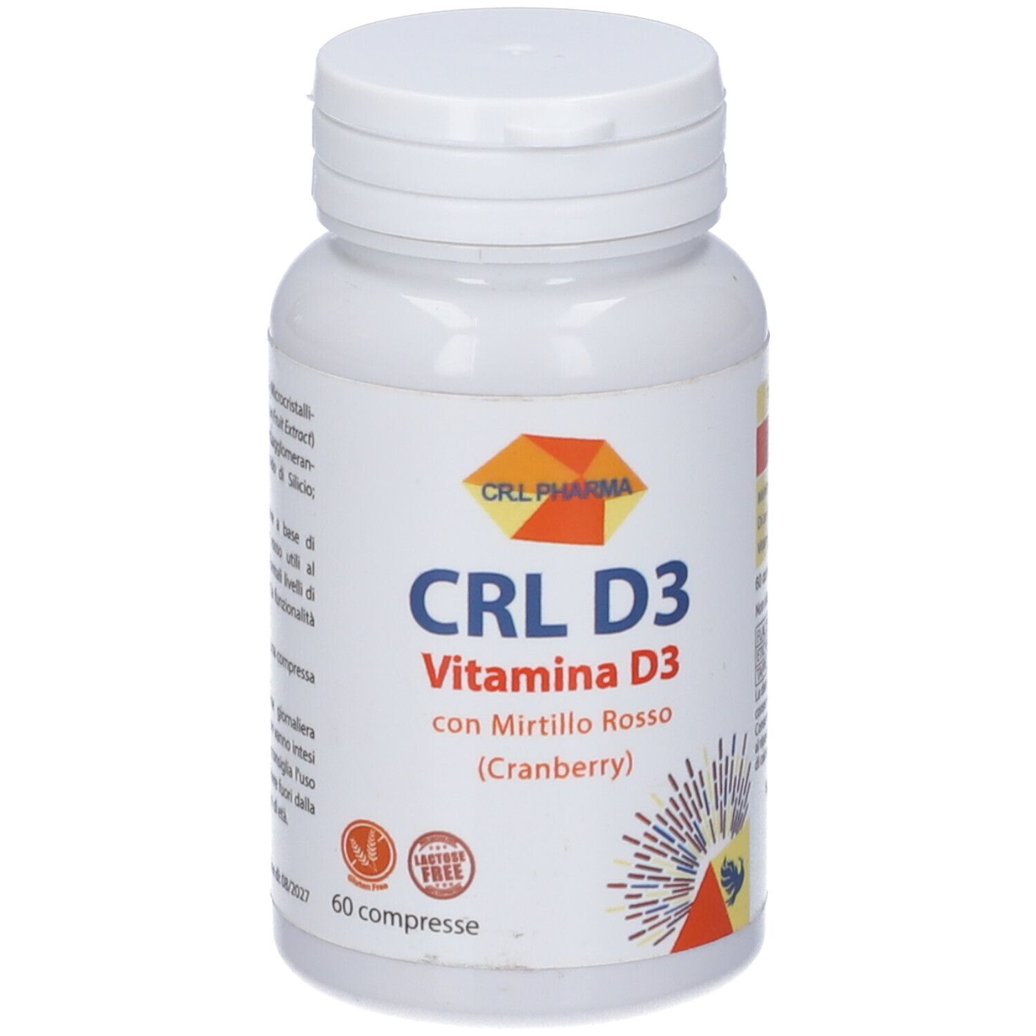 Flacone bianco con stampa CRL D3, Vitamina D3 e Cranberry. 60 compresse. Logo CRL Pharma.