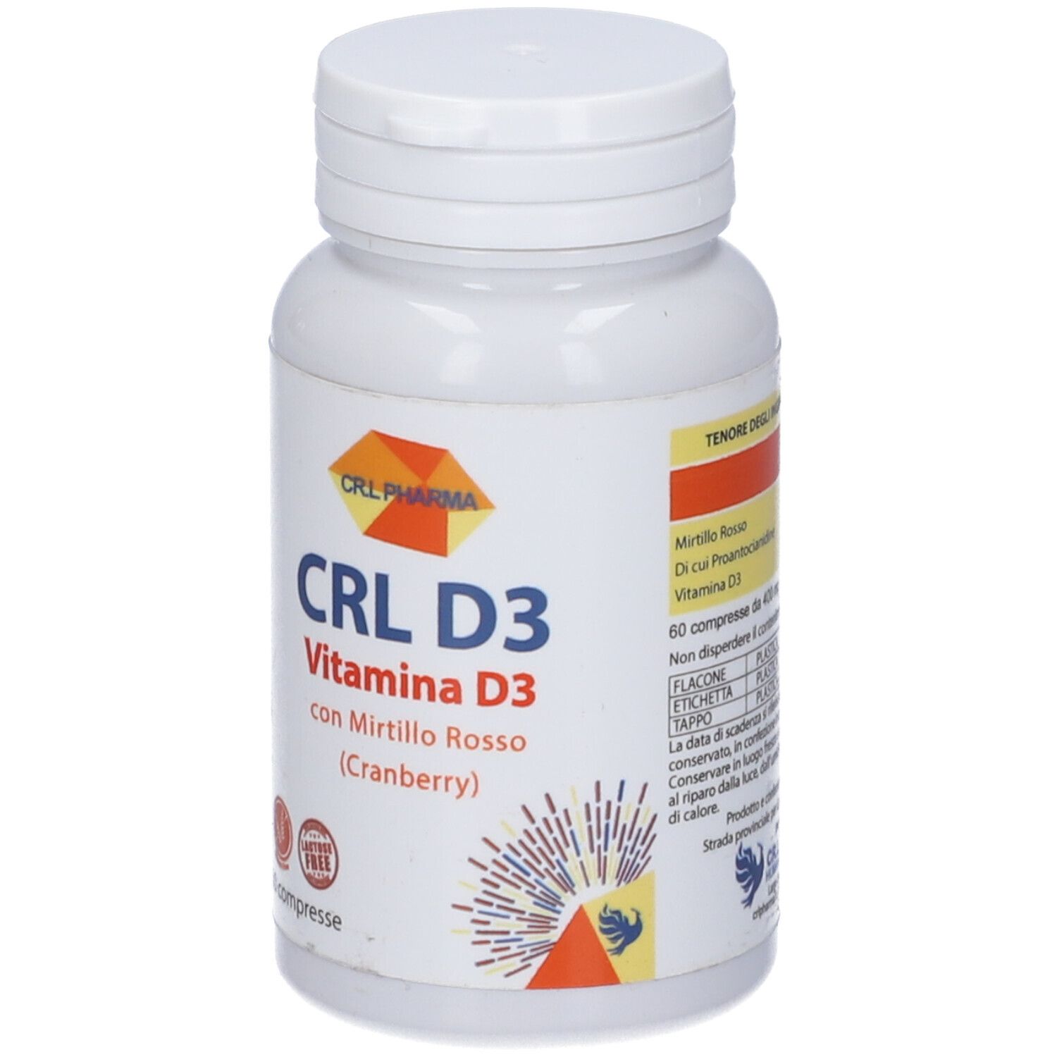 Flacone bianco con stampa CRL D3, Vitamina D3 e Cranberry. 60 compresse. Logo CRL Pharma.