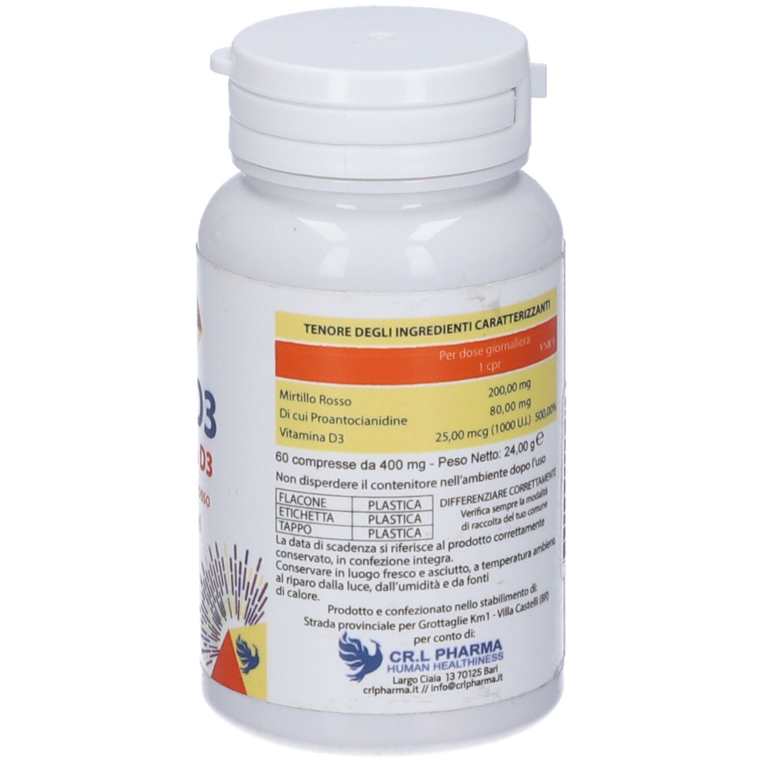 Retro del flacone bianco. Testo con ingredienti e informazioni nutrizionali. Logo CRL Pharma. 60 compresse.