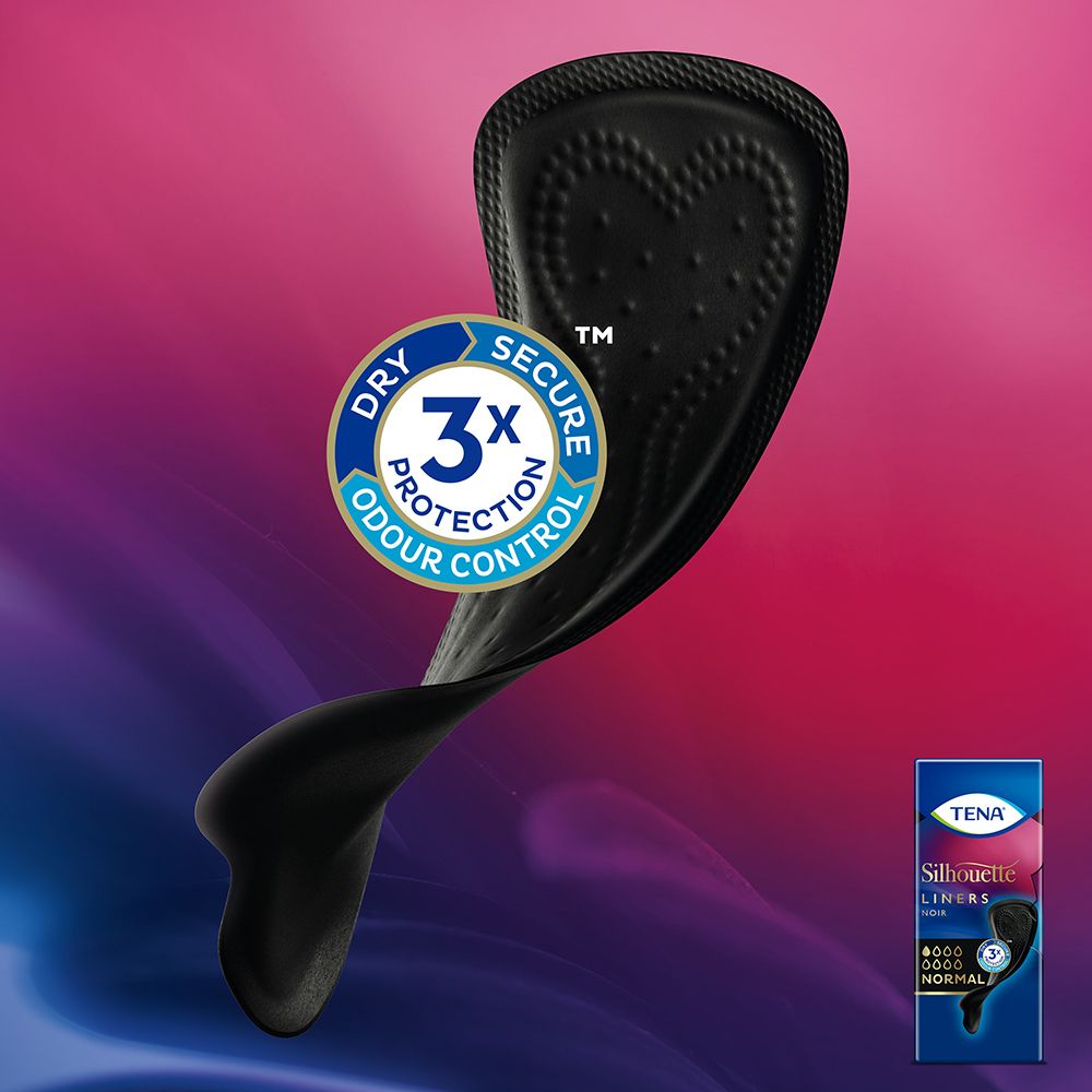 Proteggislip nero con motivo a cuore. Logo Dry Secure 3x Odour Control. Piccola confezione sullo sfondo.