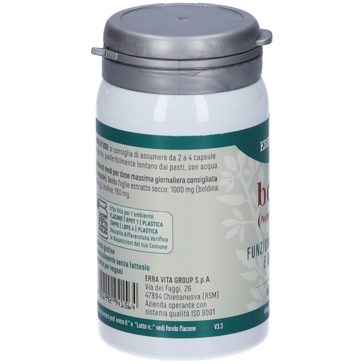 Retro del flacone di integratore alimentare. Testo con ingredienti e modalità d'uso. Marchio: Erba Vita.