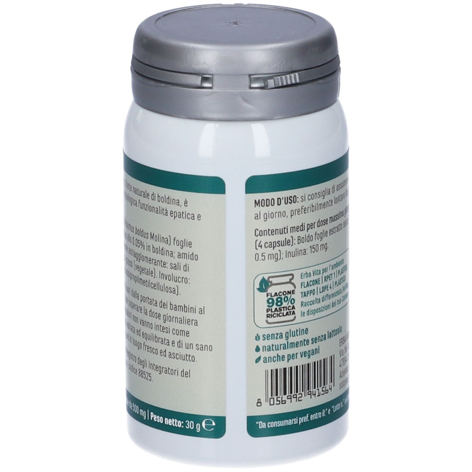 Flacone di integratore alimentare, retro. Testo con ingredienti e modalità d'uso. Marchio: Erba Vita.