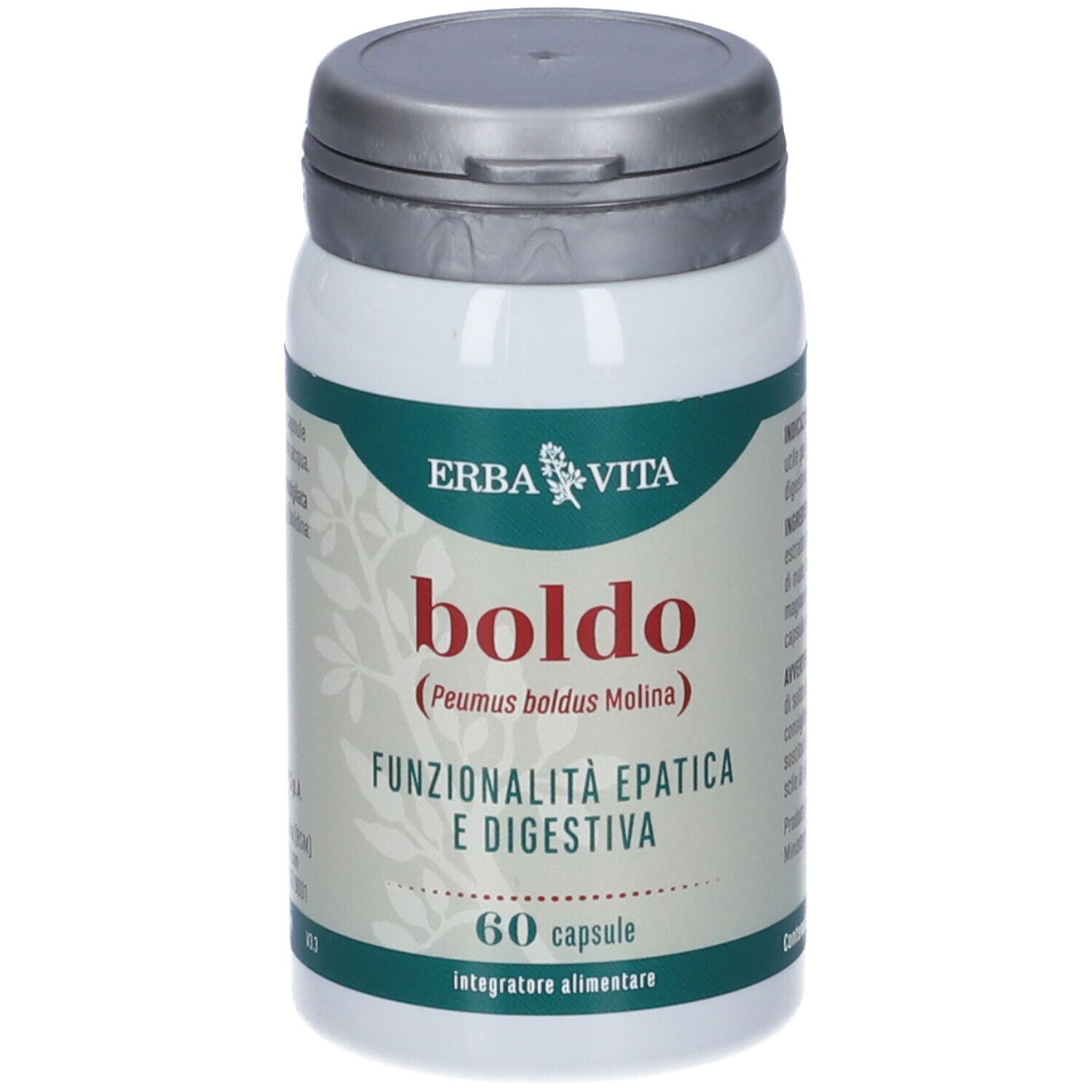 Contenitore di integratore alimentare con coperchio argentato. Scritta: Boldo, 60 capsule. Marchio: Erba Vita.