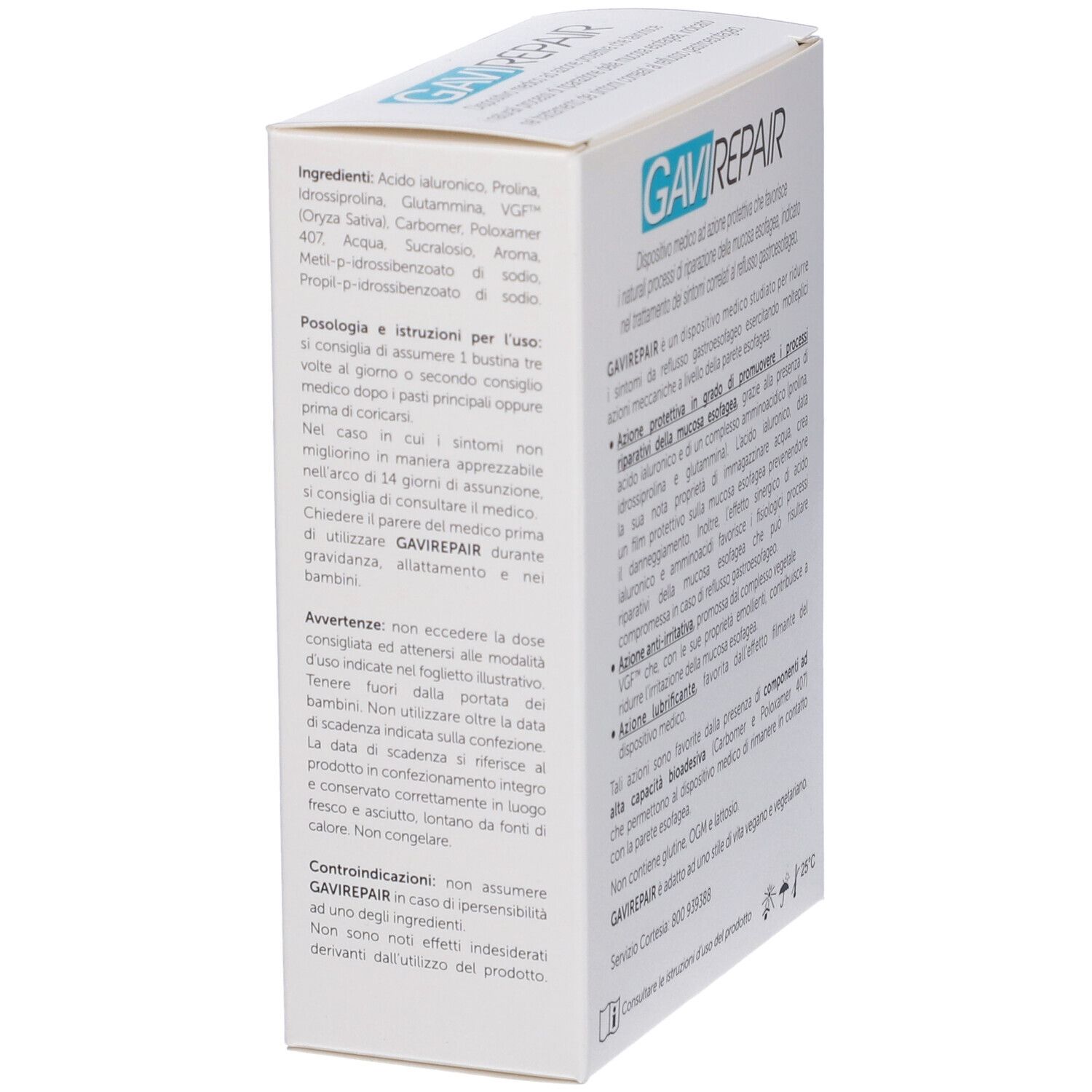 Vista laterale della confezione con informazioni e istruzioni. Testo in italiano.