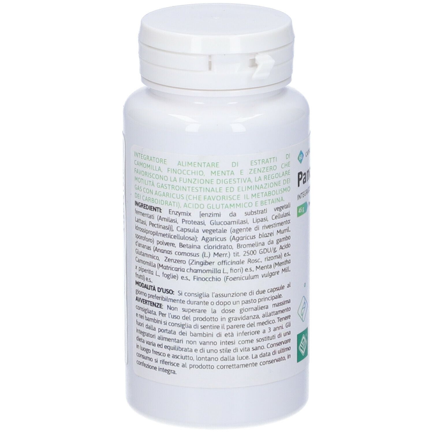 Retro del flacone bianco. Ingredienti, istruzioni per l'uso e avvertenze. Sfondo verde.