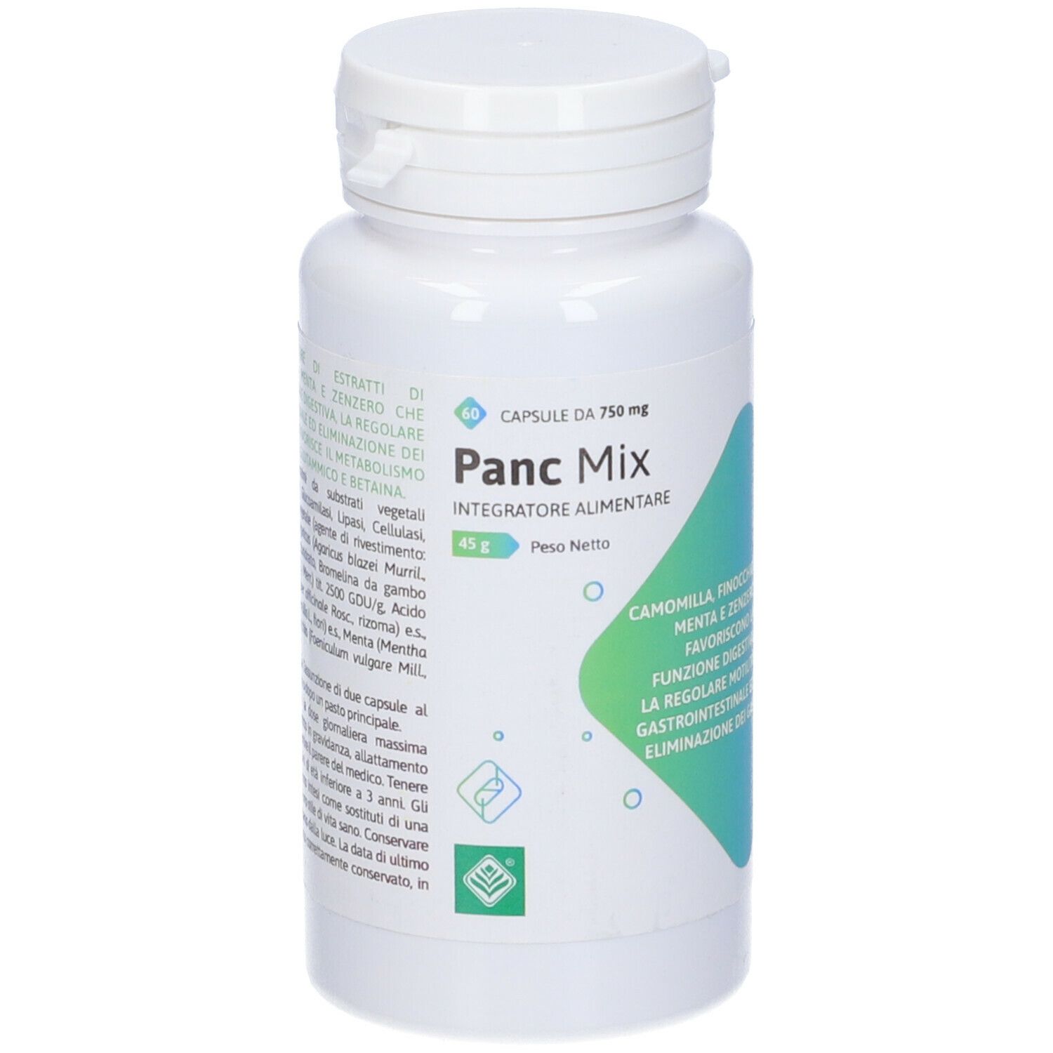 Flacone bianco Panc Mix, 60 capsule da 750 mg. Etichetta con ingredienti e informazioni nutrizionali.