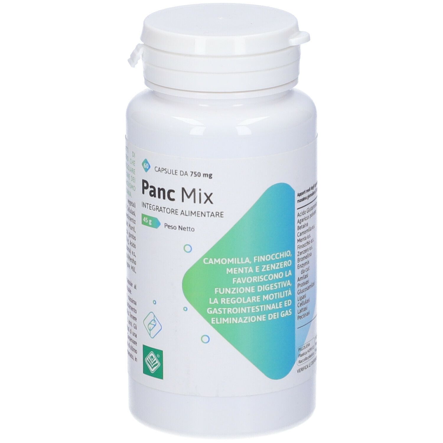 Flacone bianco Panc Mix, 60 capsule da 750 mg. Etichetta con ingredienti e informazioni nutrizionali.