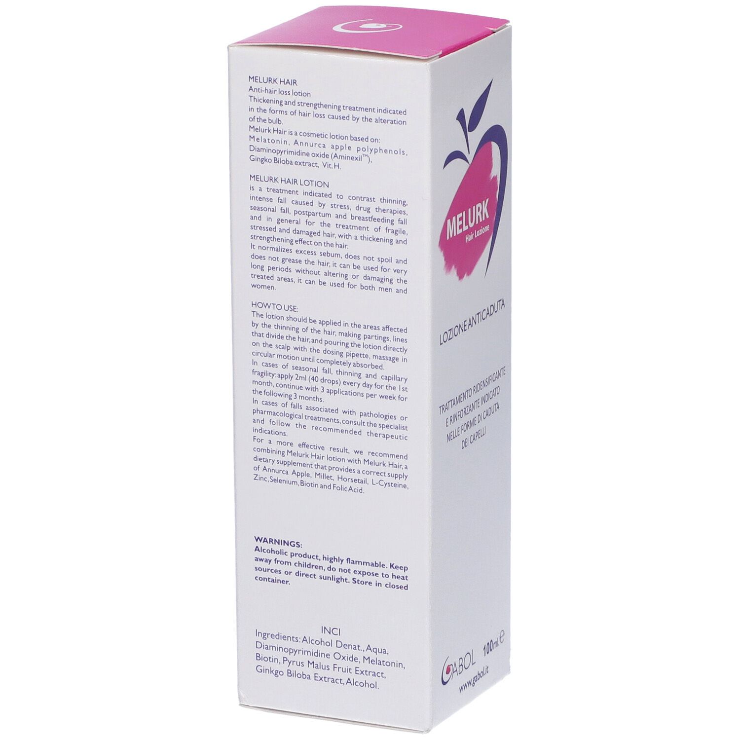 Scatola bianca con testo e logo Melurk Hair Lozione. Testo in italiano. Vista posteriore.